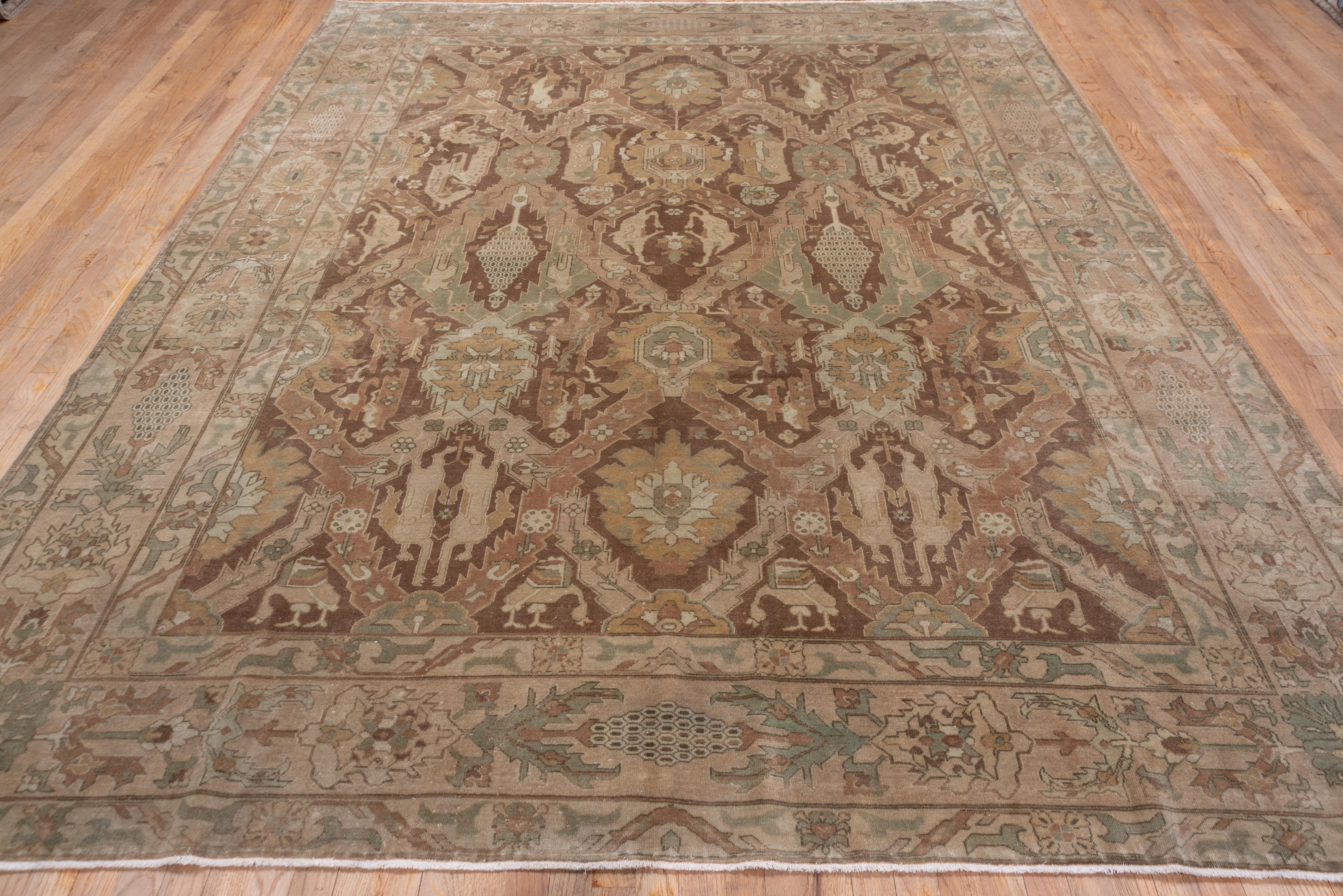 Early 20th Century Unusual Antique Turkish Sivas Rug, Brown and Green Tones, Dragon Design For Sale