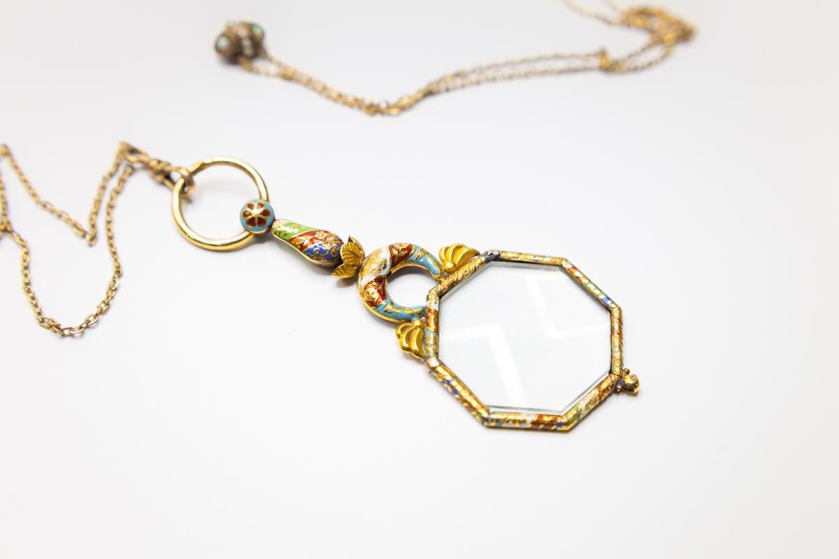 Unusual Antique Victorian 18k gold enamel magnifying glass pendant necklace, gold-filled, pearl and opal chain.