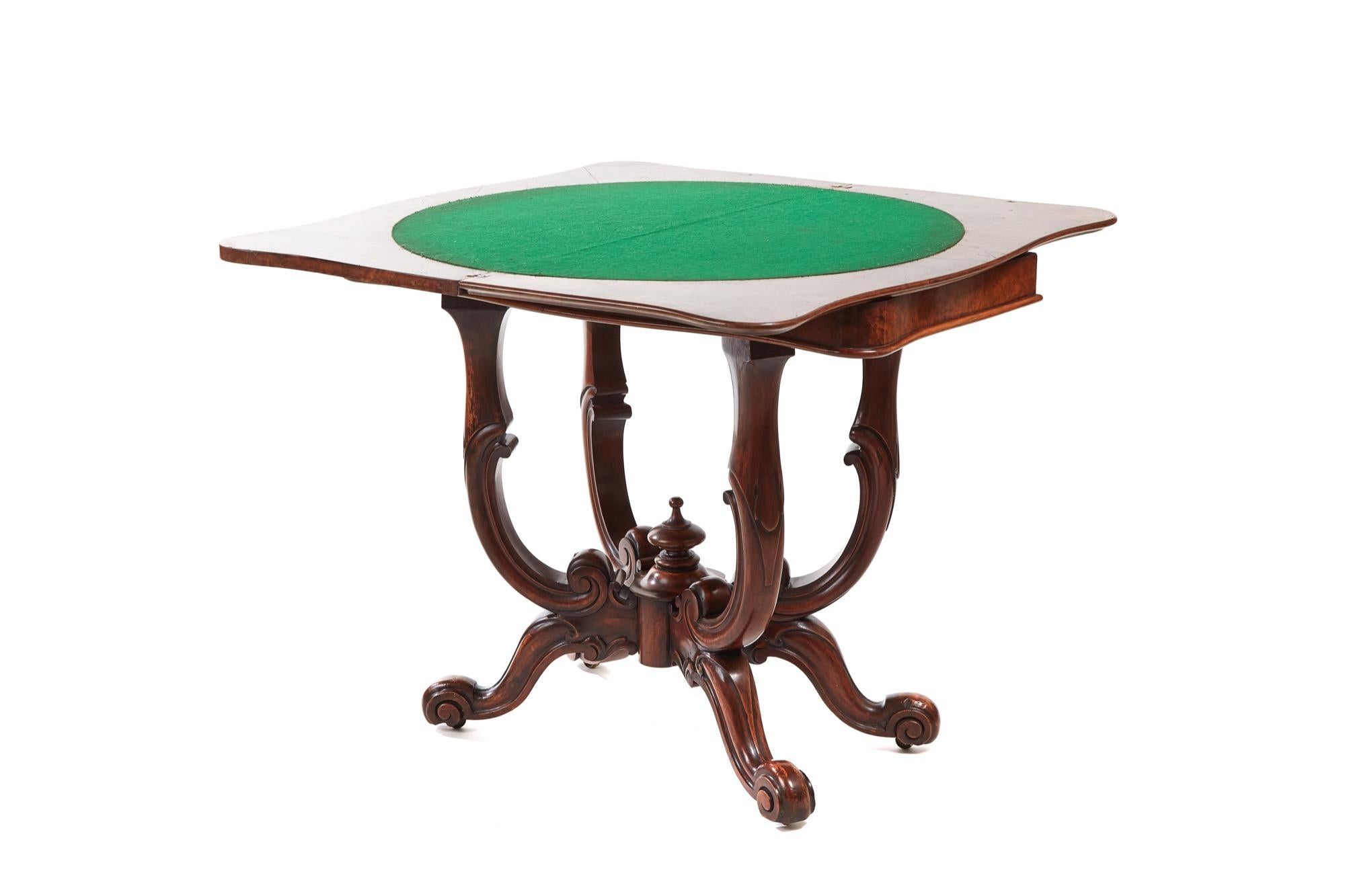Unusual antique Victorian burr walnut basket base card table, having a serpentine shaped swivel top with thumb moulded edge, green baize interior, the unusual solid walnut shaped scrolling basket base with lovely shaped cabriole legs on original