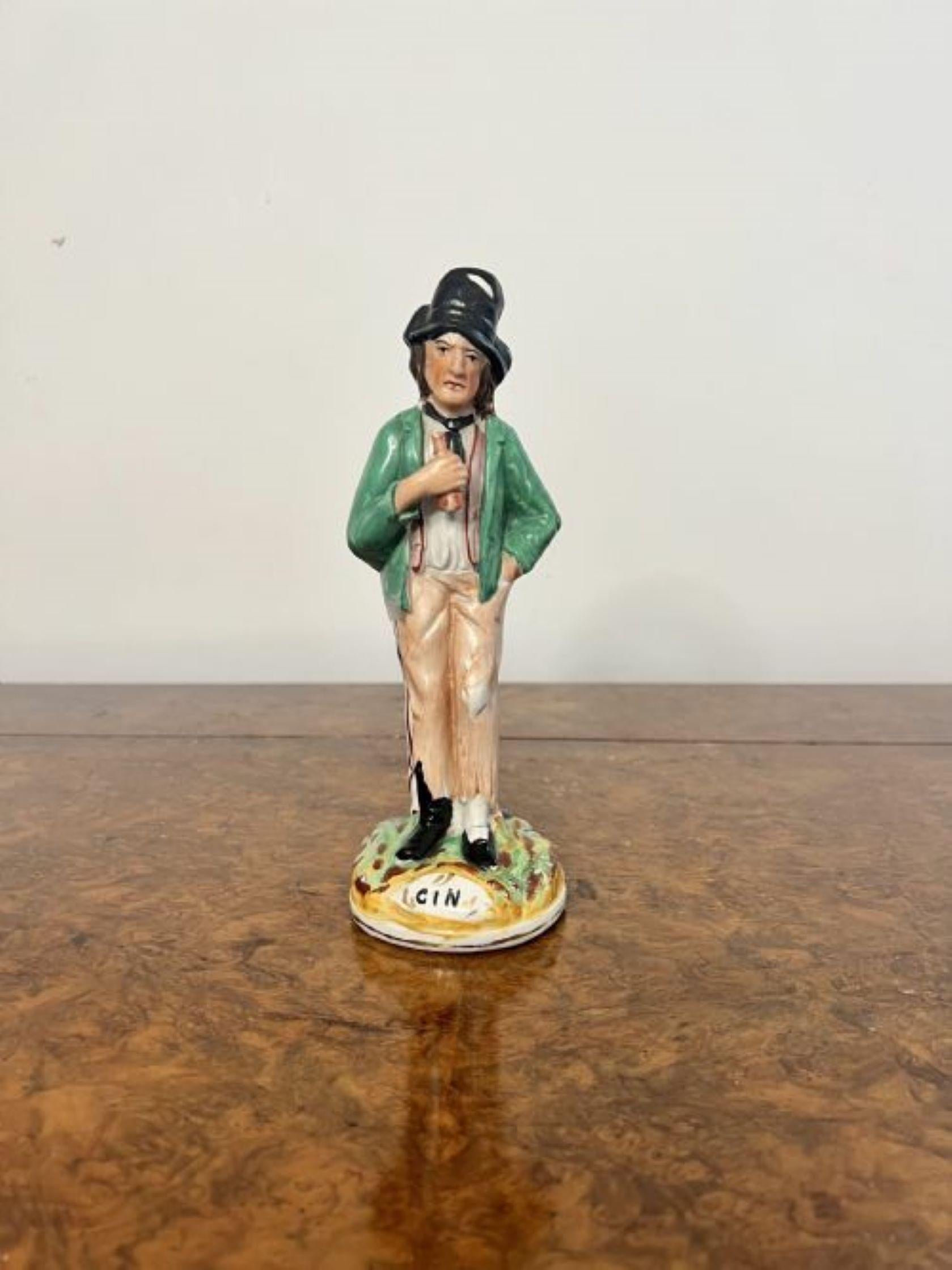 Unusual antique Victorian double sided Staffordshire figure having an unusual double sided figure, one side a gentleman looking happy in smart clothing and a bag of money to the base saying 'water' the other side a unhappy looking gentleman with