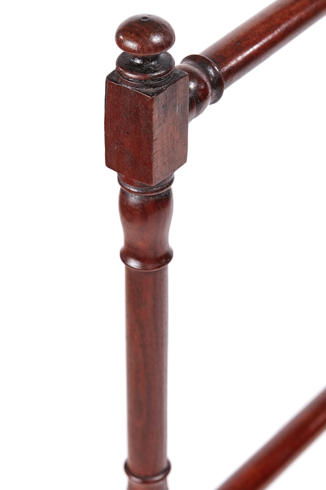 Unusual antique Victorian mahogany folding towel rail, lovely quality turned mahogany rails and supports, standing on small turned feet
Lovely color and condition
Measures: 30