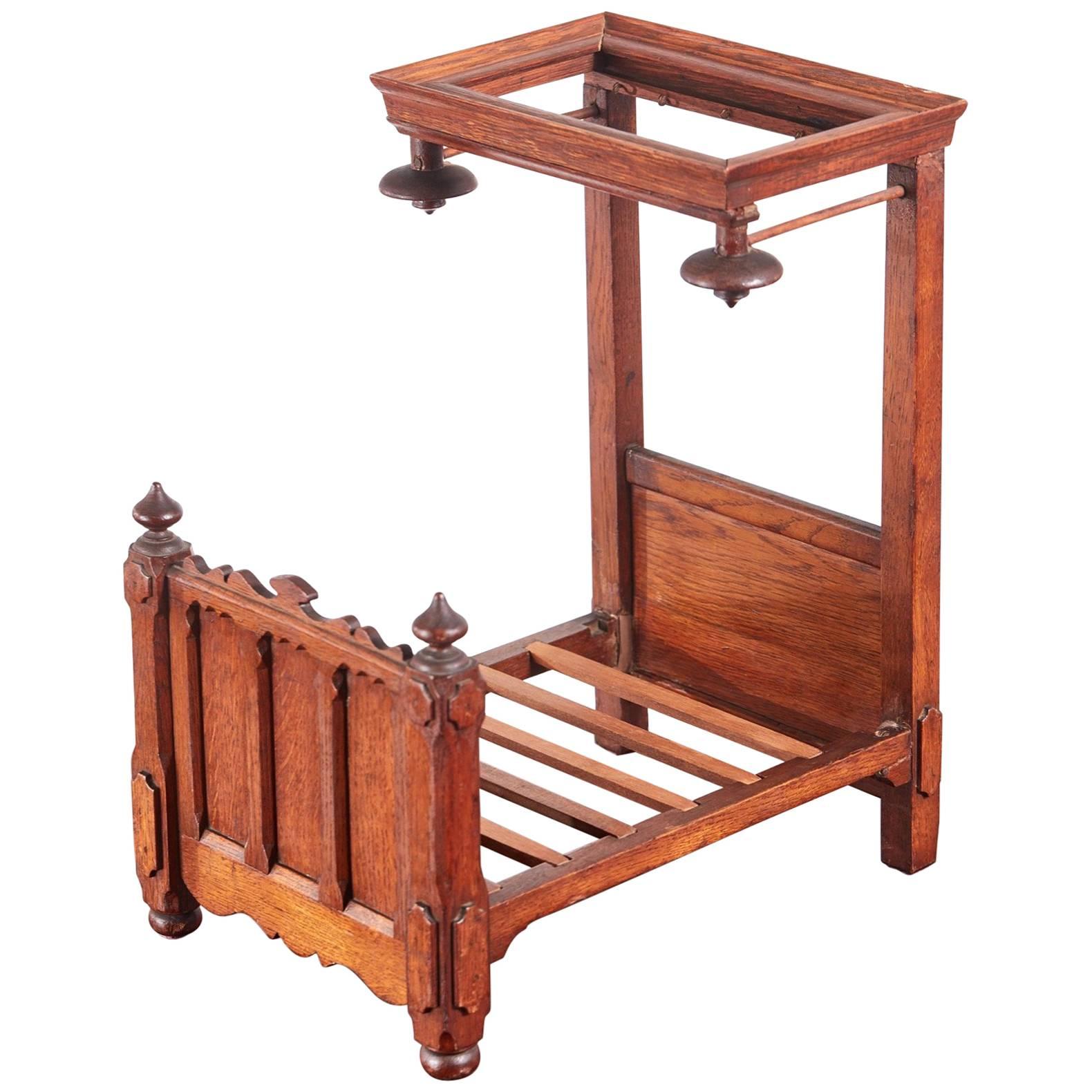 Unusual Antique Victorian Miniature Oak Half Tester Bed