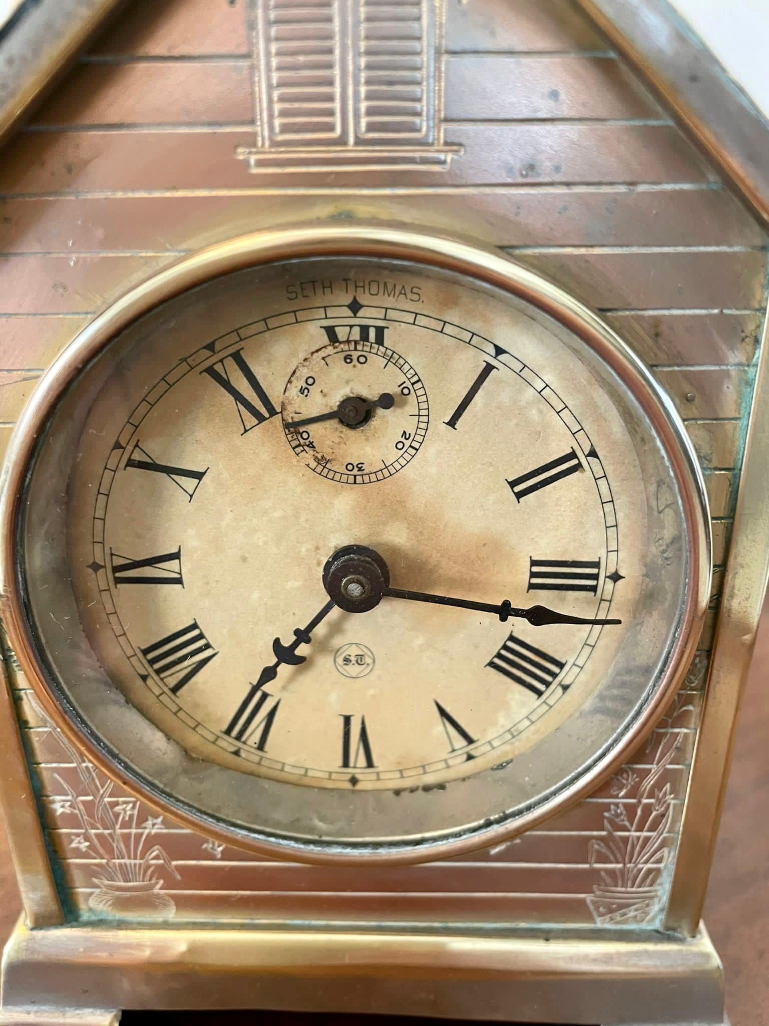 English Unusual Antique Victorian Ornate Brass Desk Clock by Seth Thomas For Sale