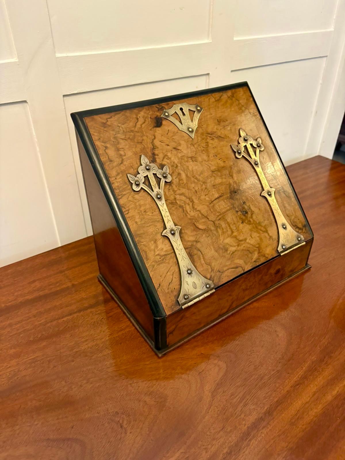 Unusual Antique Victorian Quality Burr Walnut Brass Mounted Stationery Box For Sale 1