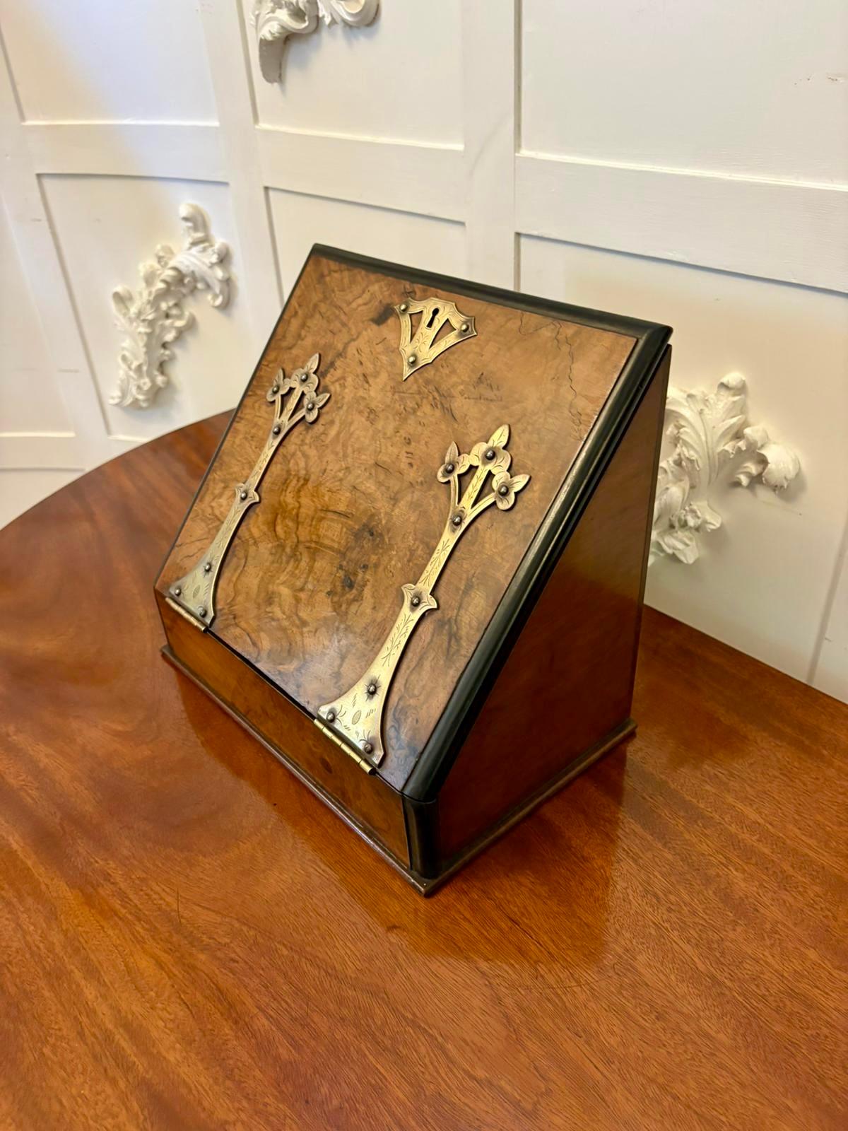 Unusual Antique Victorian Quality Burr Walnut Brass Mounted Stationery Box For Sale 4
