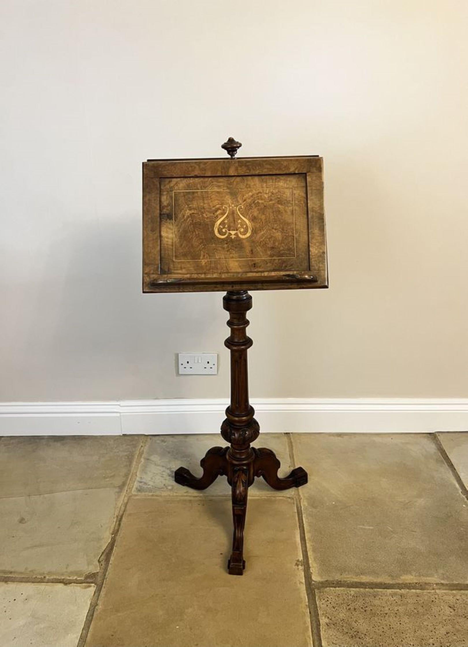 Unusual antique Victorian quality burr walnut inlaid duet music stand having a quality burr walnut inlaid duet music stand with unusual burr walnut inlaid panels supported by a turned reeded carved solid walnut pedestal column standing on three
