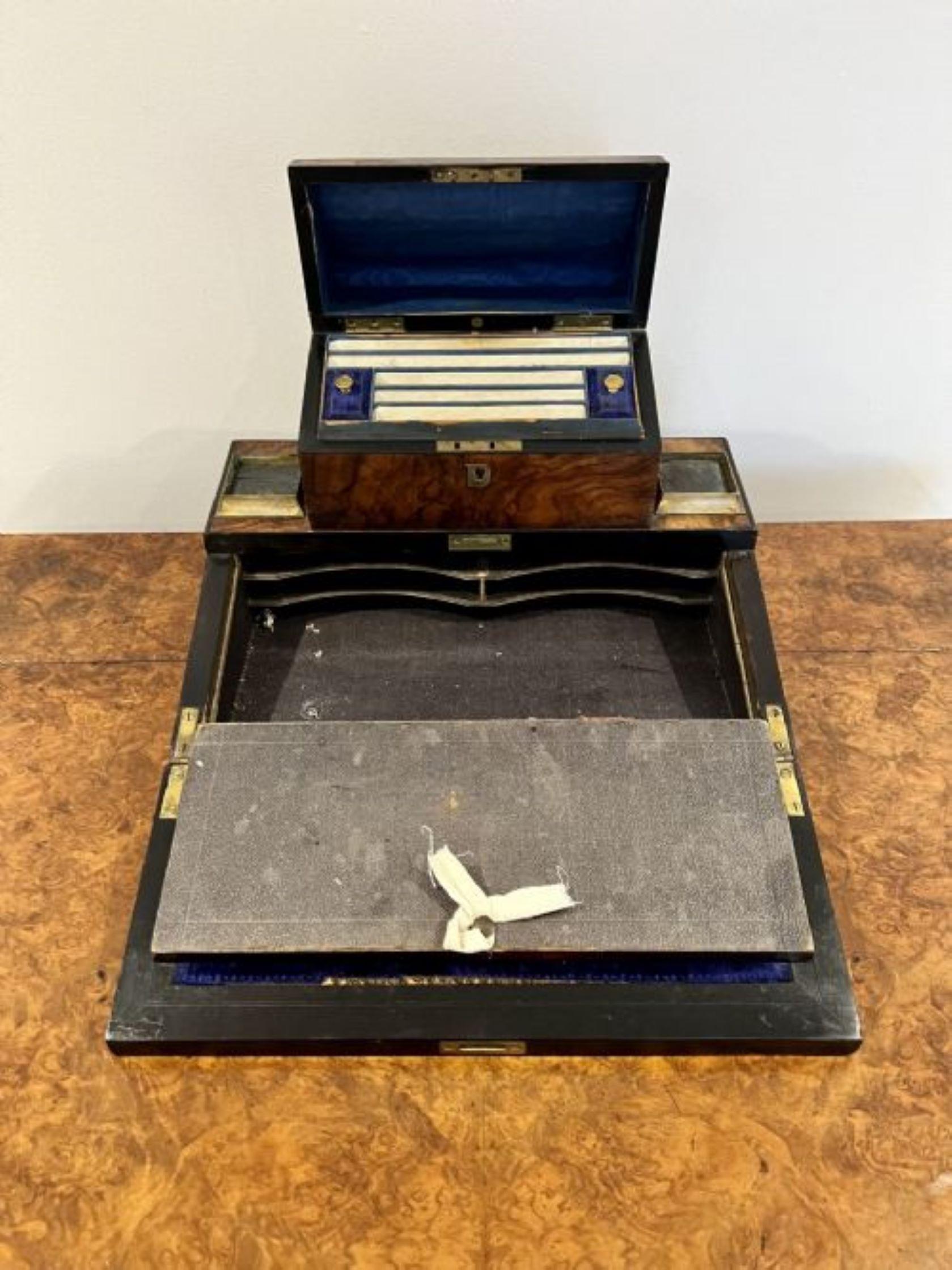 19th Century Unusual antique Victorian quality burr walnut writing box  For Sale