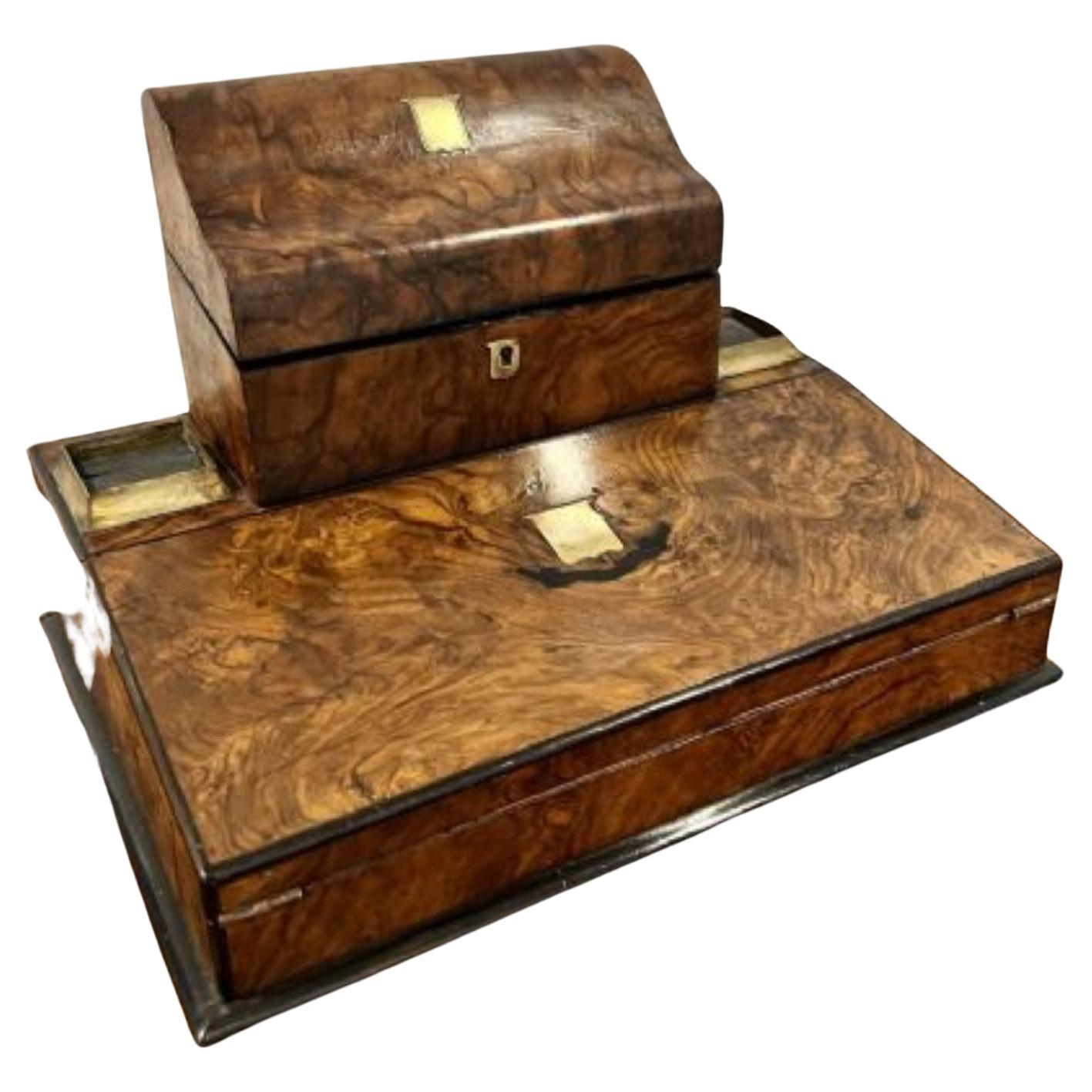 Unusual antique Victorian quality burr walnut writing box 