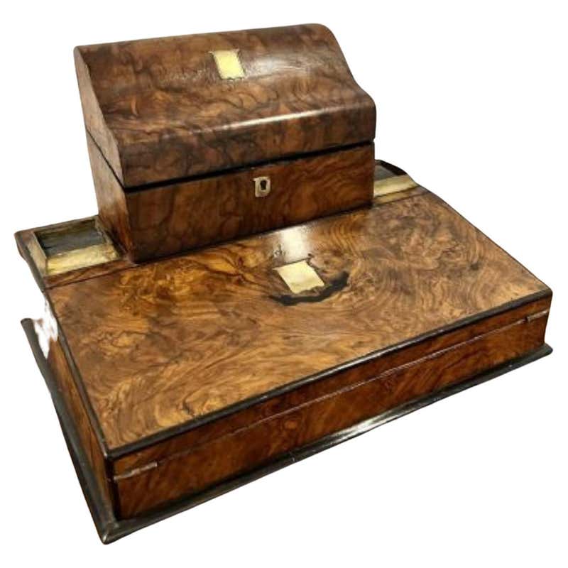 Superb Brass Bound Burr Walnut Antique Letter Writing Box at 1stDibs