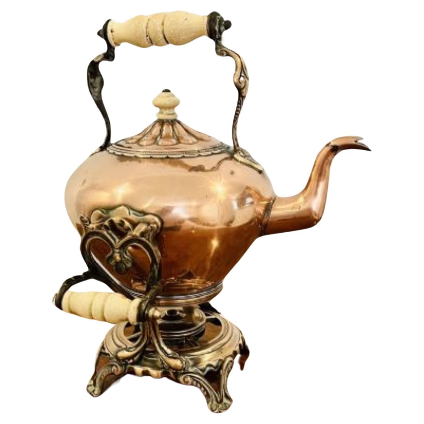 Unusual antique Victorian quality copper kettle on a stand 