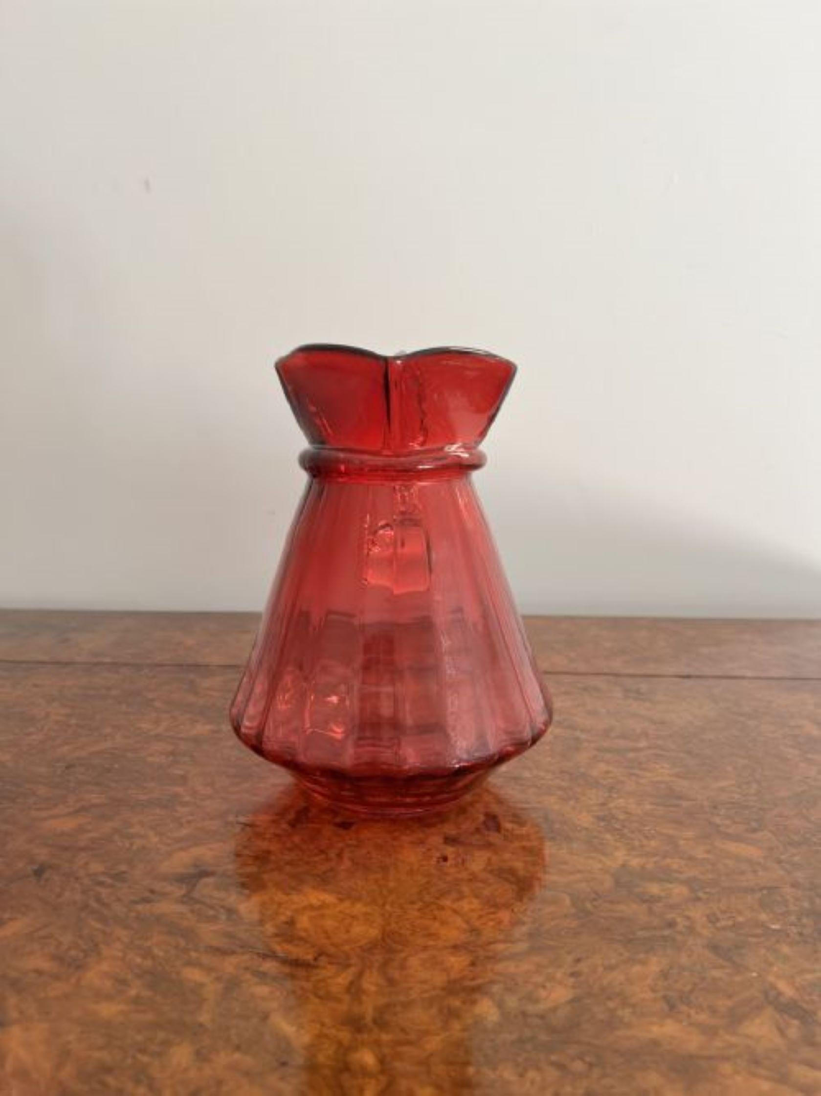 Unusual antique Victorian quality cranberry glass jug  In Good Condition For Sale In Ipswich, GB
