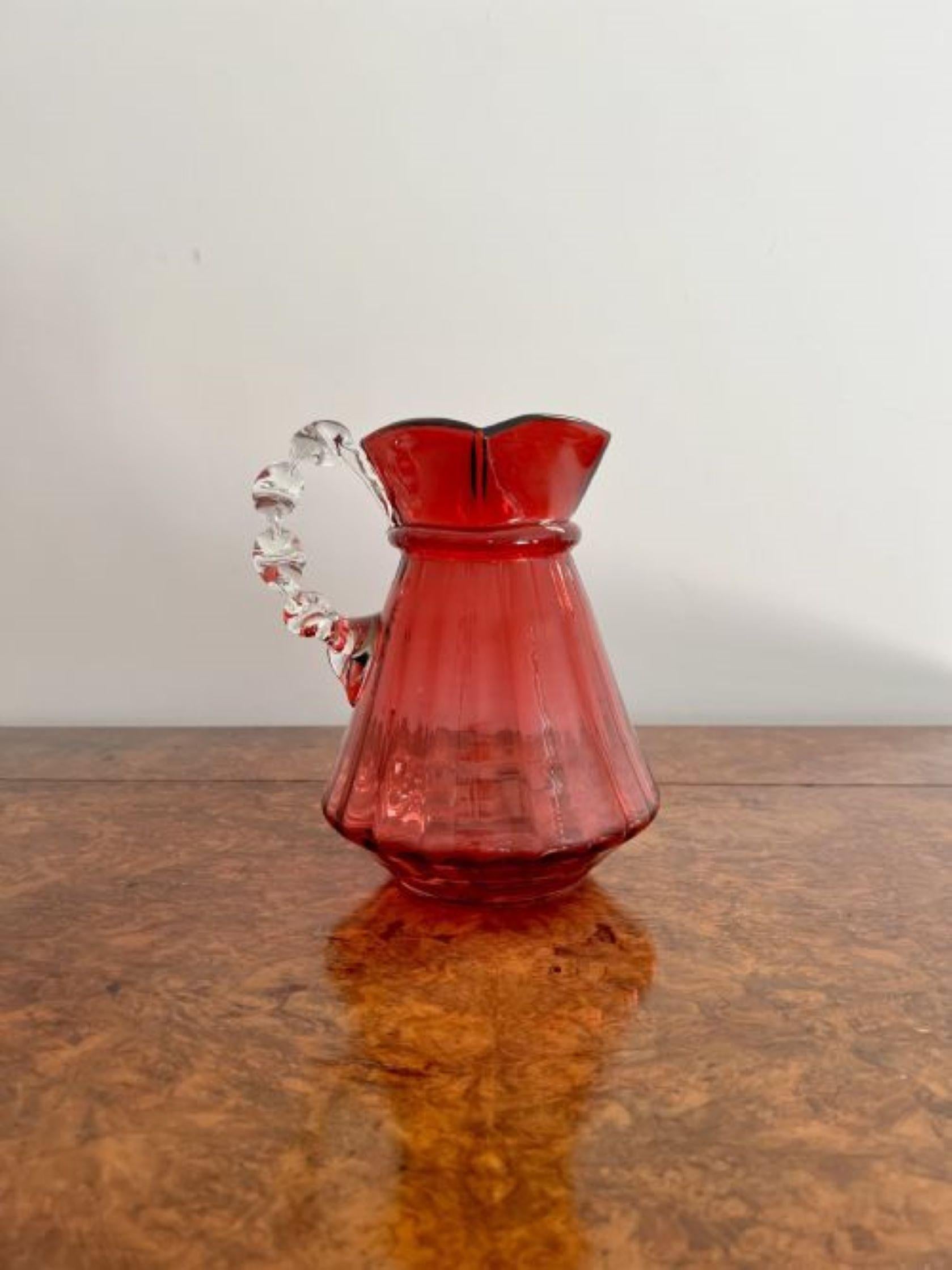 Glass Unusual antique Victorian quality cranberry glass jug  For Sale