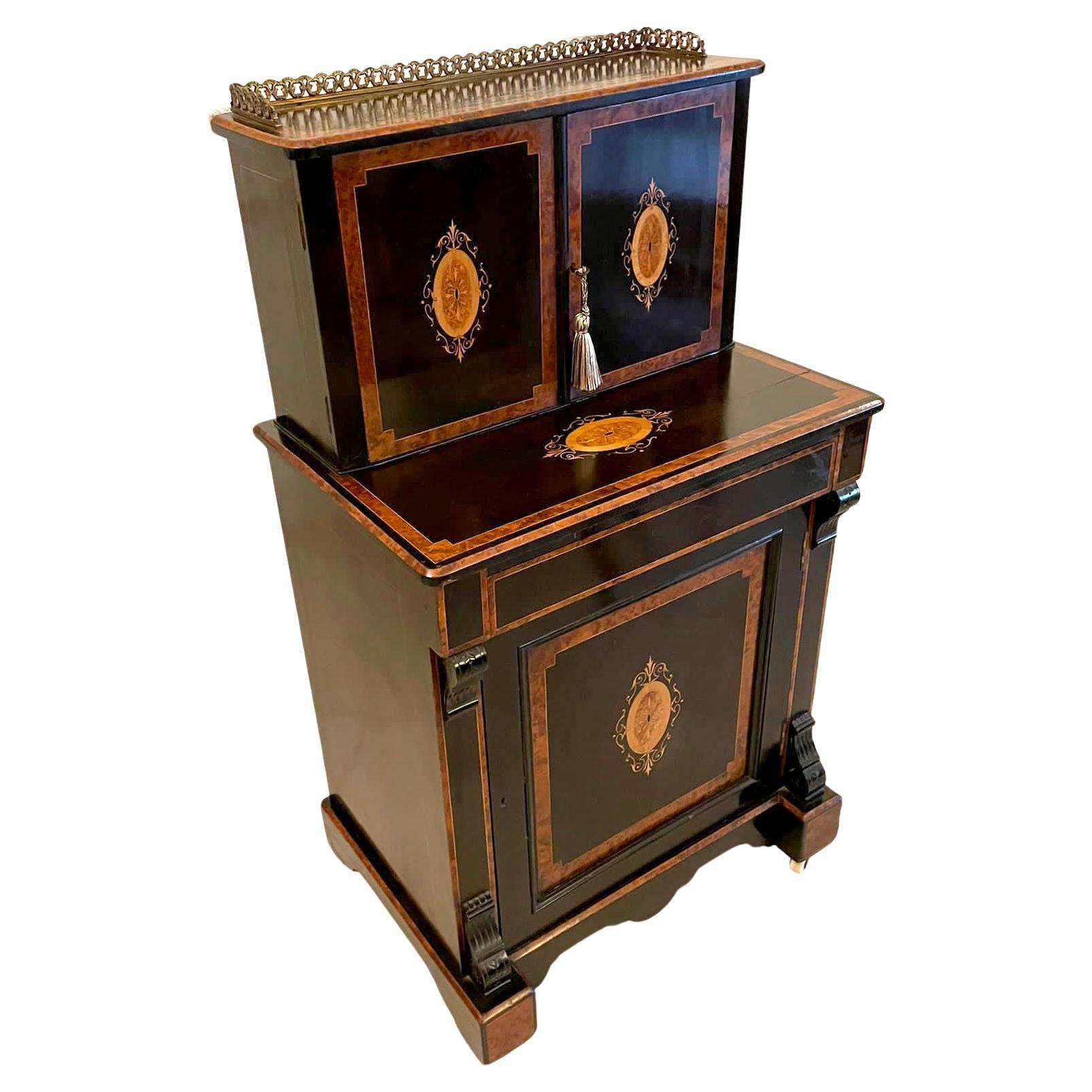 Unusual Antique Victorian Quality Ebonised and Burr Walnut Inlaid Writing Desk 