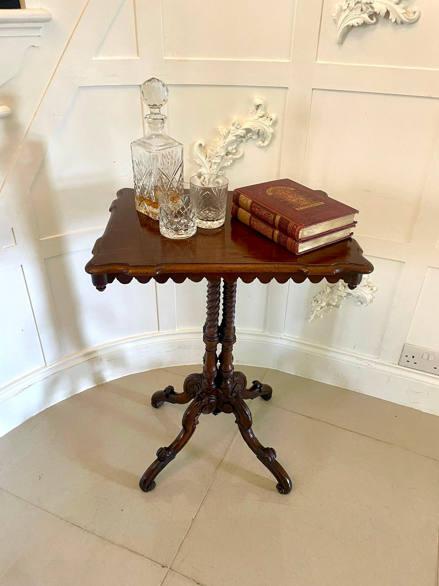 Unusual Antique Victorian quality figured walnut lamp table having a quality figured walnut shaped table with a moulded edge, lovely shaped frieze supported by four unusual elegant solid walnut turned twisted carved columns standing on 4 shaped