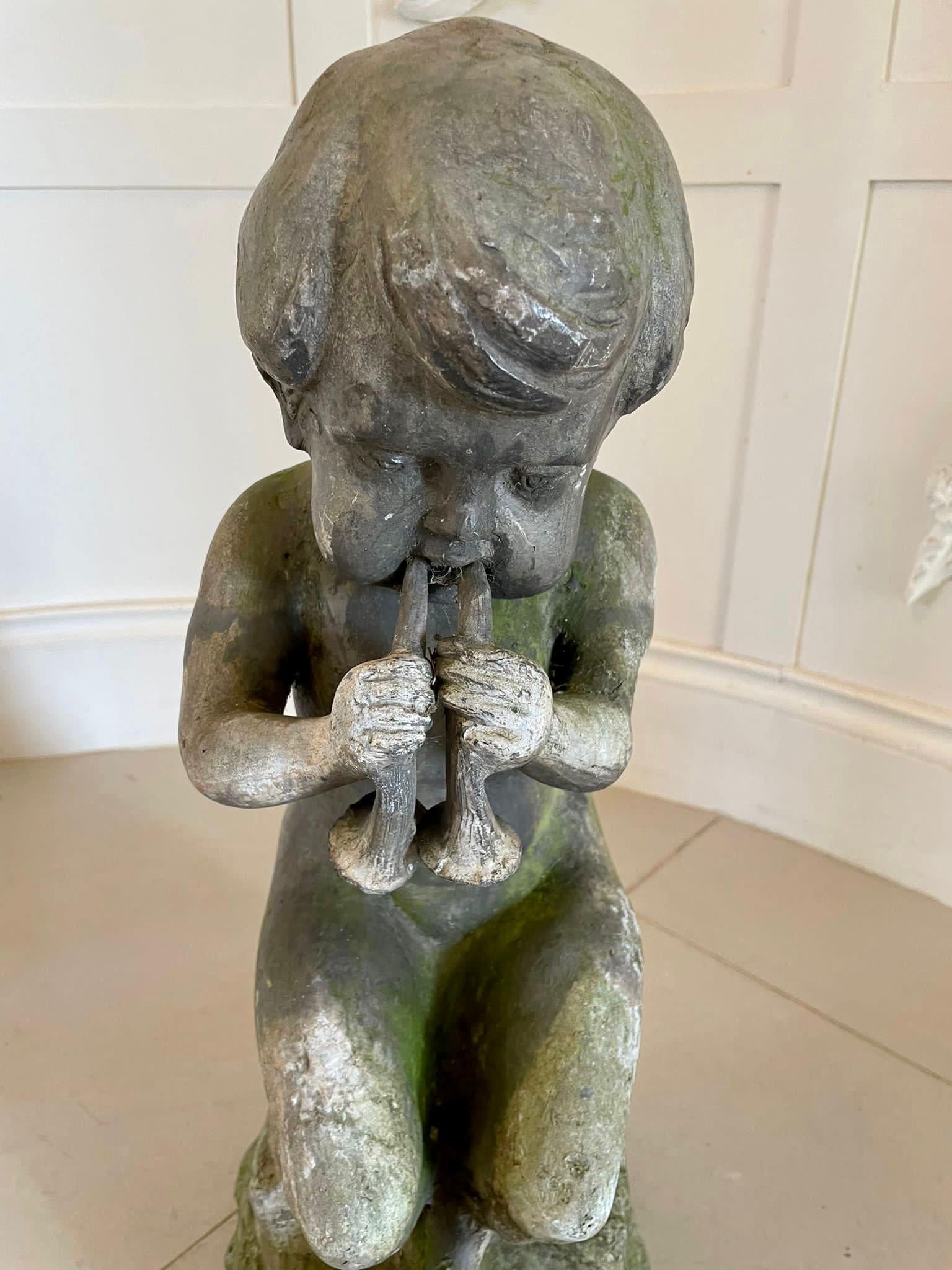 Unusual antique Victorian quality lead figure of a satyr musician sat upon a rock playing a flute type instrument. In beautiful weathered condition.

Measures: 55 x 23 x 22.5cm
Date 1870.
 
