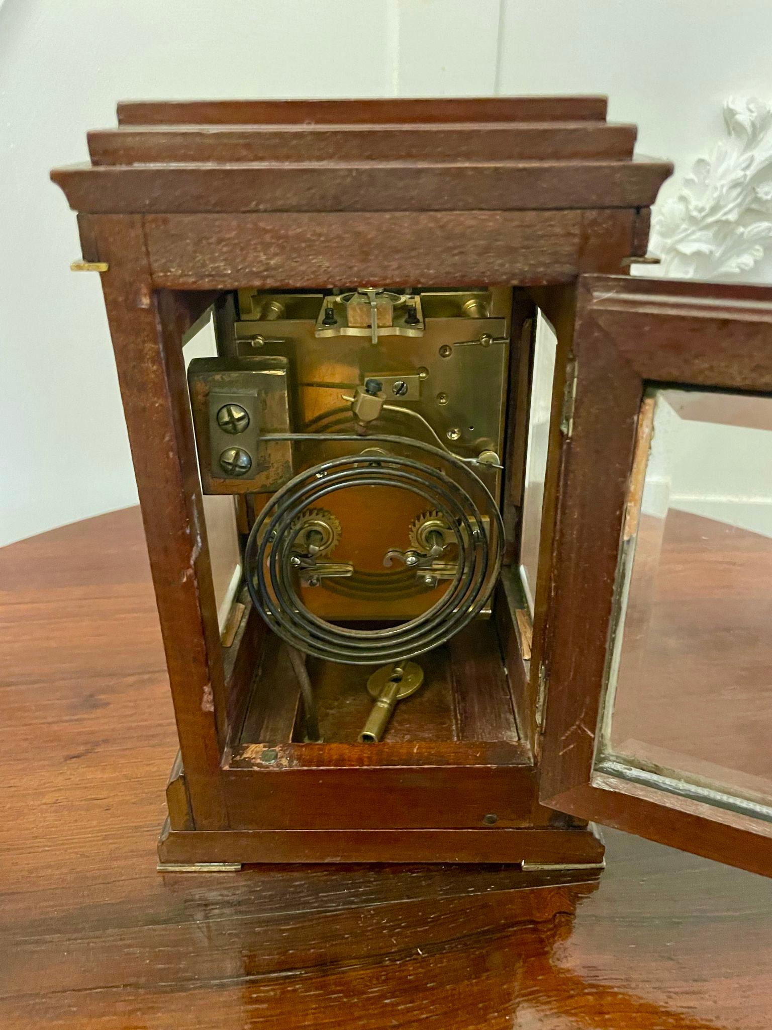 English Unusual Antique Victorian Quality Mahogany Brass Inlaid Desk Clock  For Sale