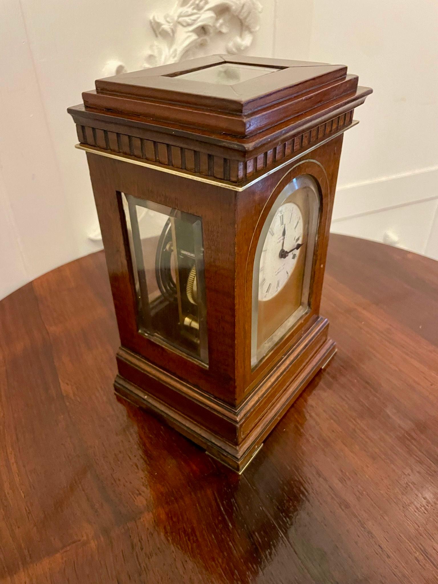 19th Century Unusual Antique Victorian Quality Mahogany Brass Inlaid Desk Clock  For Sale