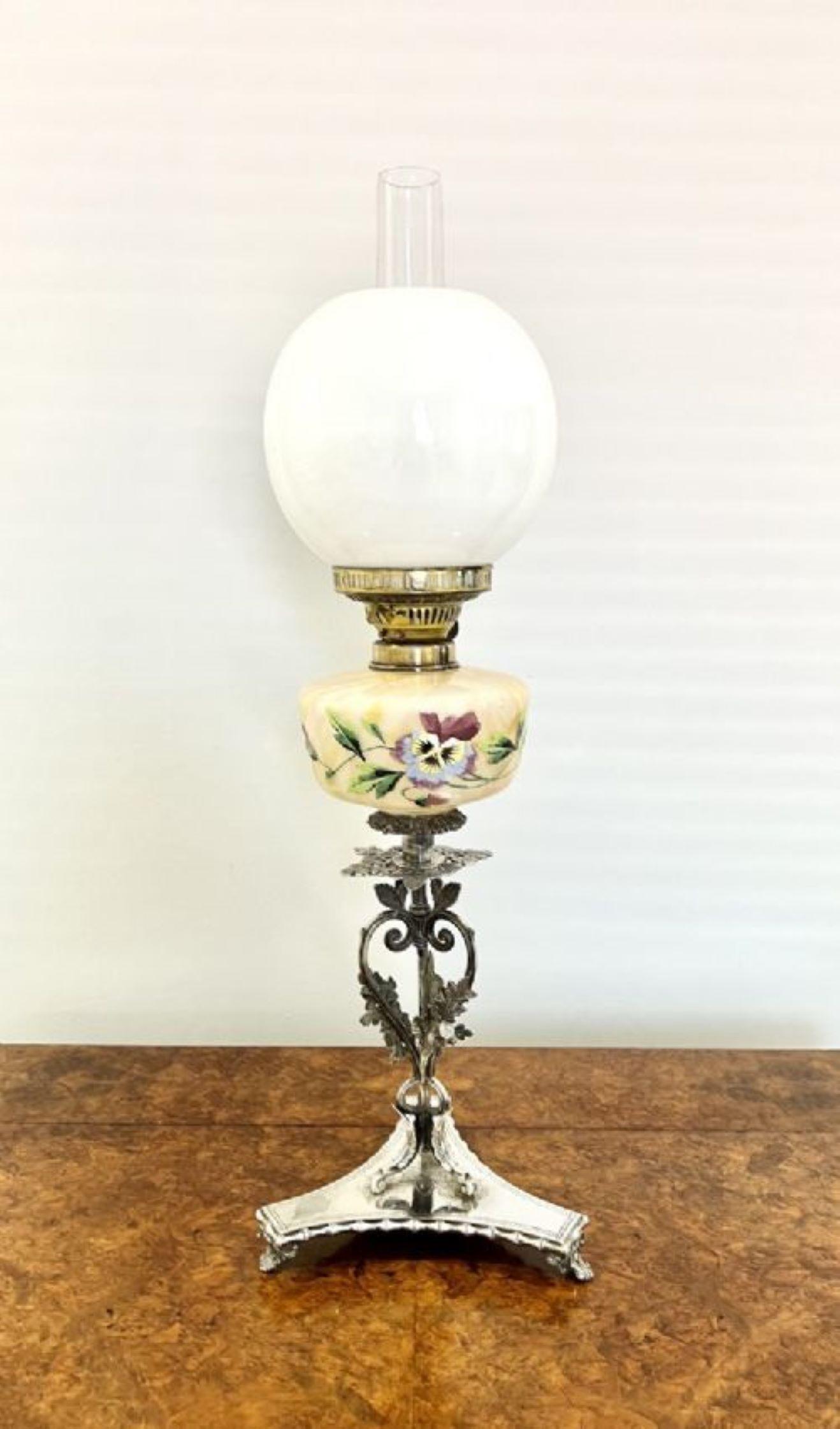 Unusual antique Victorian quality ornate silver plated oil lamp having a quality white glass shade, with a brass double burner, unusual hand painted yellow glass font with a wonderful floral decoration in green, purple and blue colours, with a