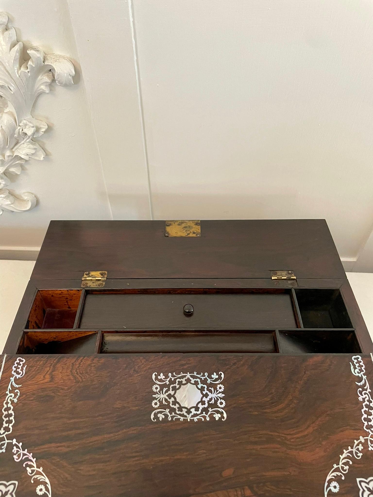 English Unusual Antique Victorian Quality Rosewood Inlaid Writing Box For Sale