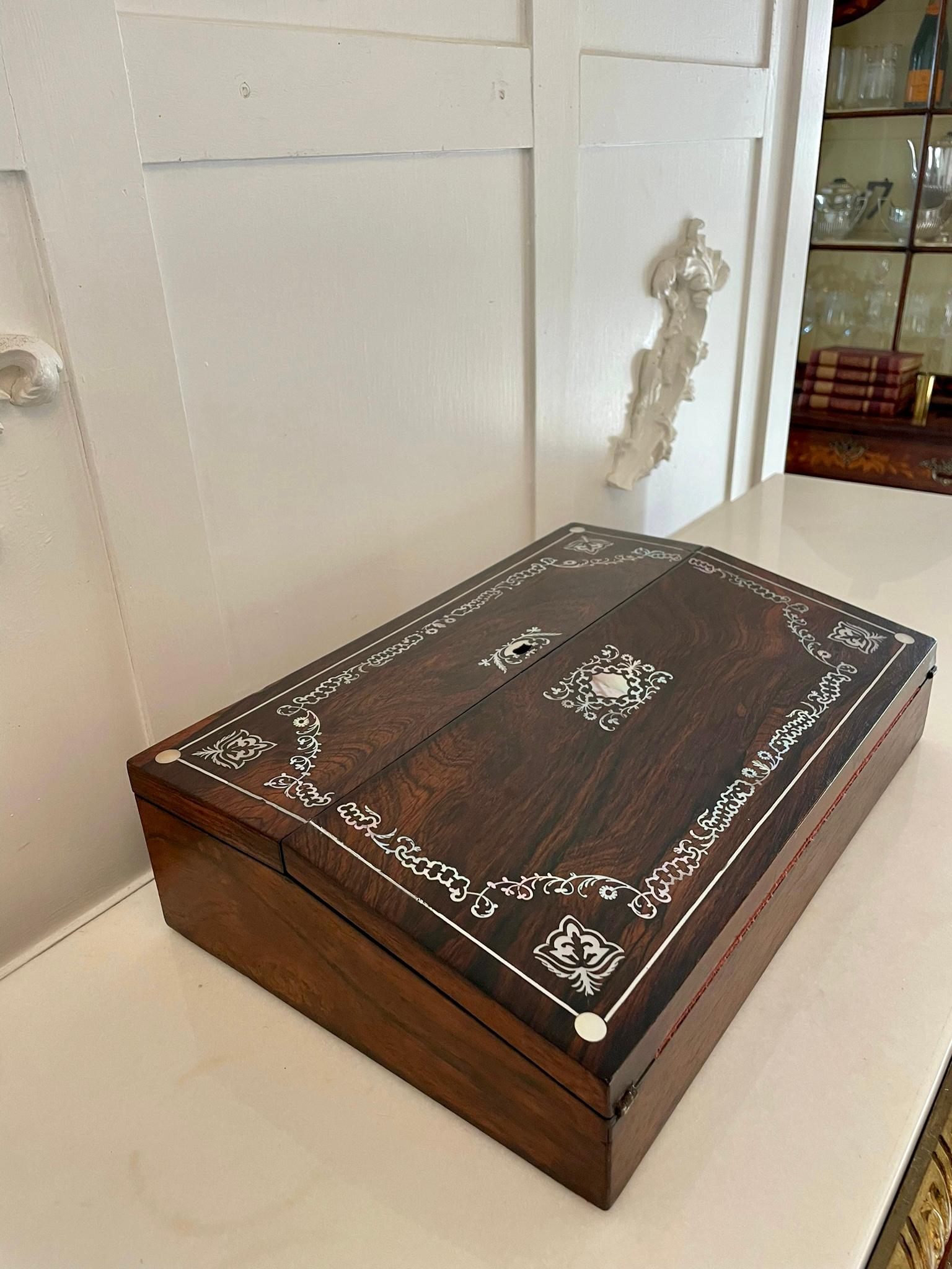 Unusual Antique Victorian Quality Rosewood Inlaid Writing Box In Good Condition For Sale In Suffolk, GB