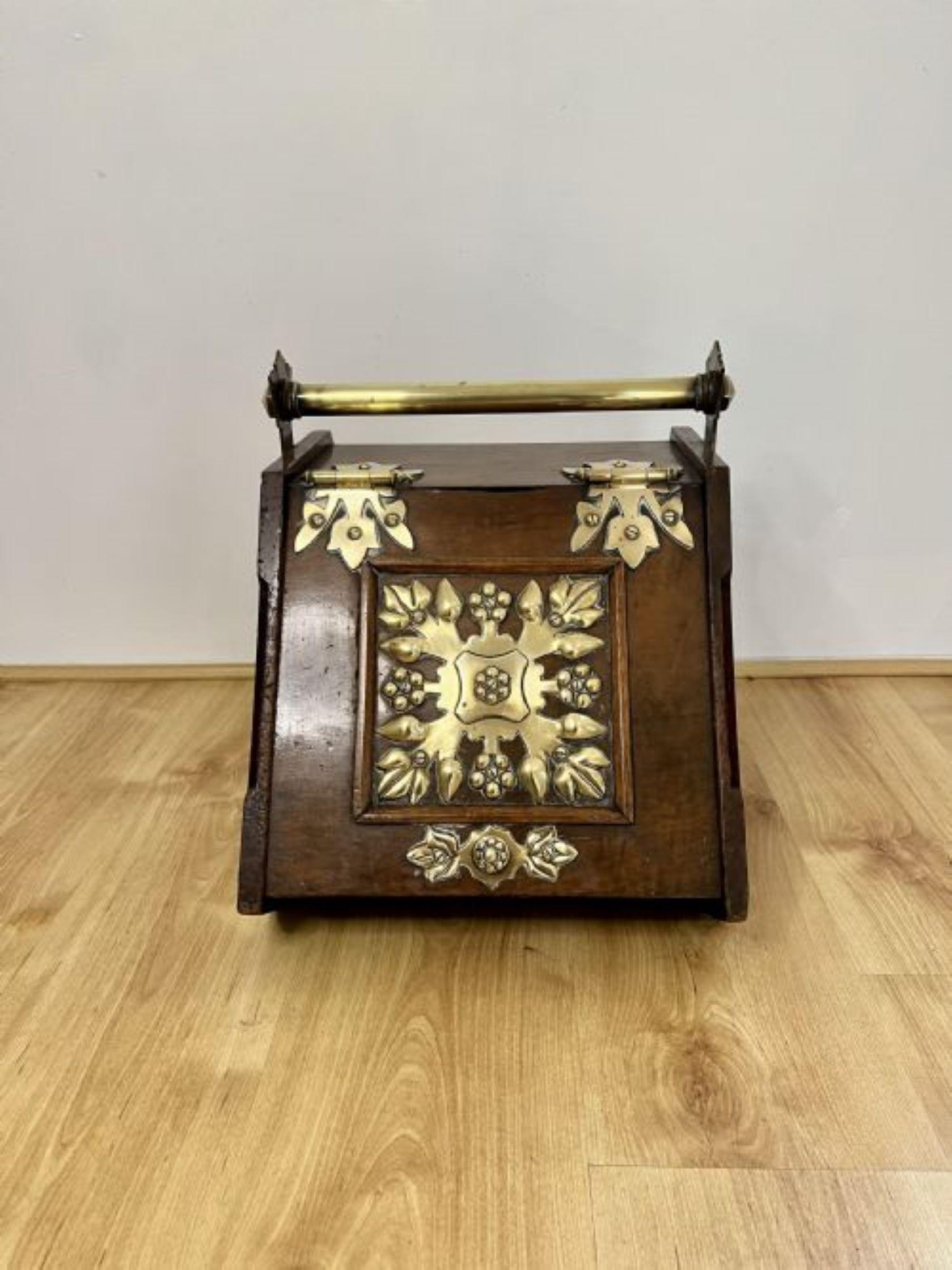 19th Century Unusual antique Victorian quality walnut and brass coal box  For Sale