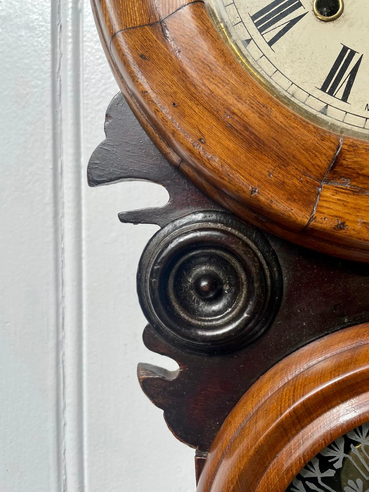 English Unusual Antique Victorian Walnut and Ebonised Wall Clock