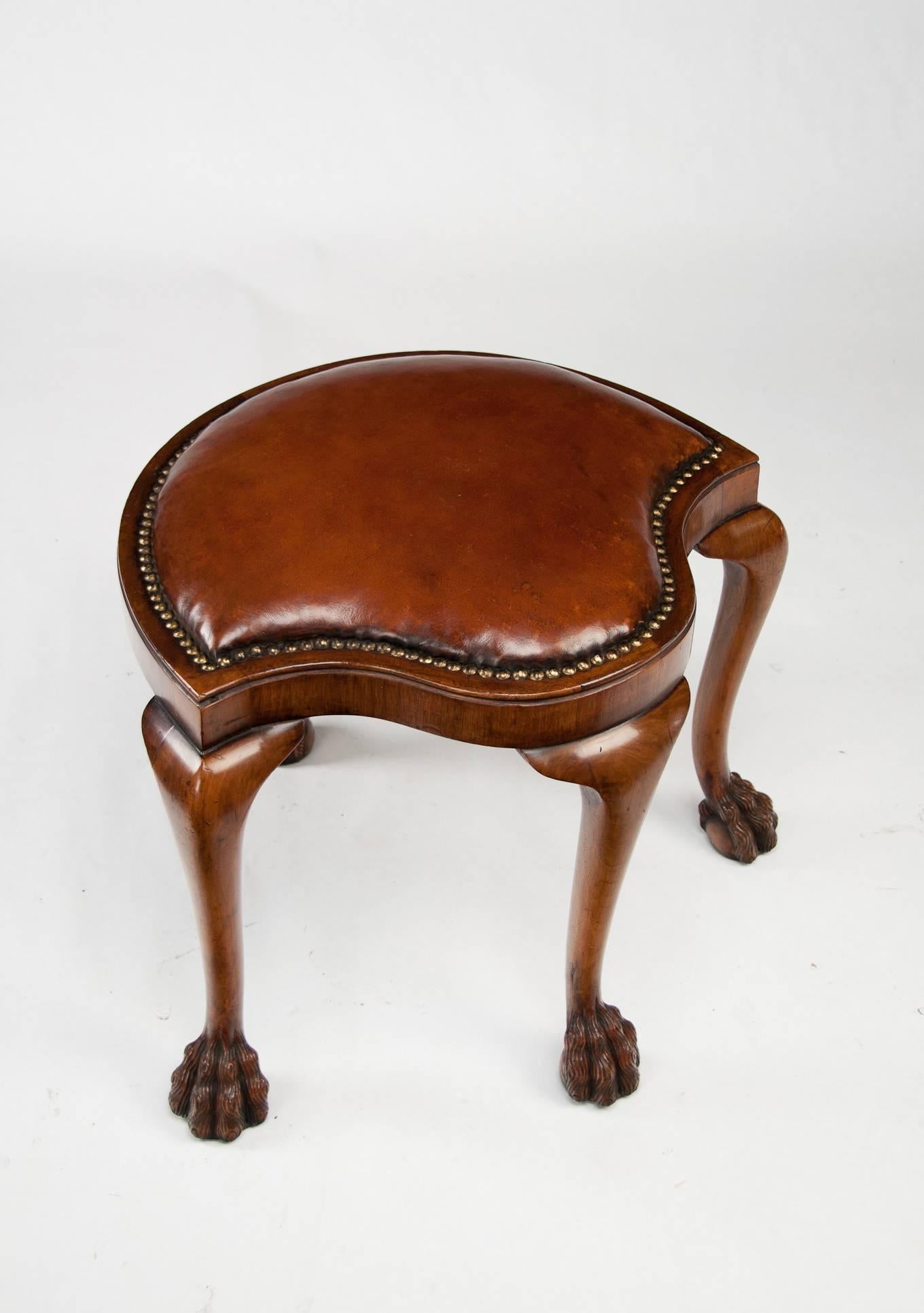 Early 20th Century Unusual Antique Walnut Shaped Leather Dressing Stool