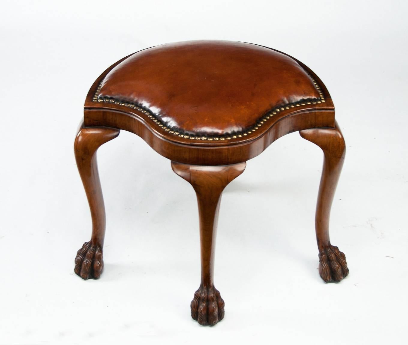 Unusual Antique Walnut Shaped Leather Dressing Stool 1