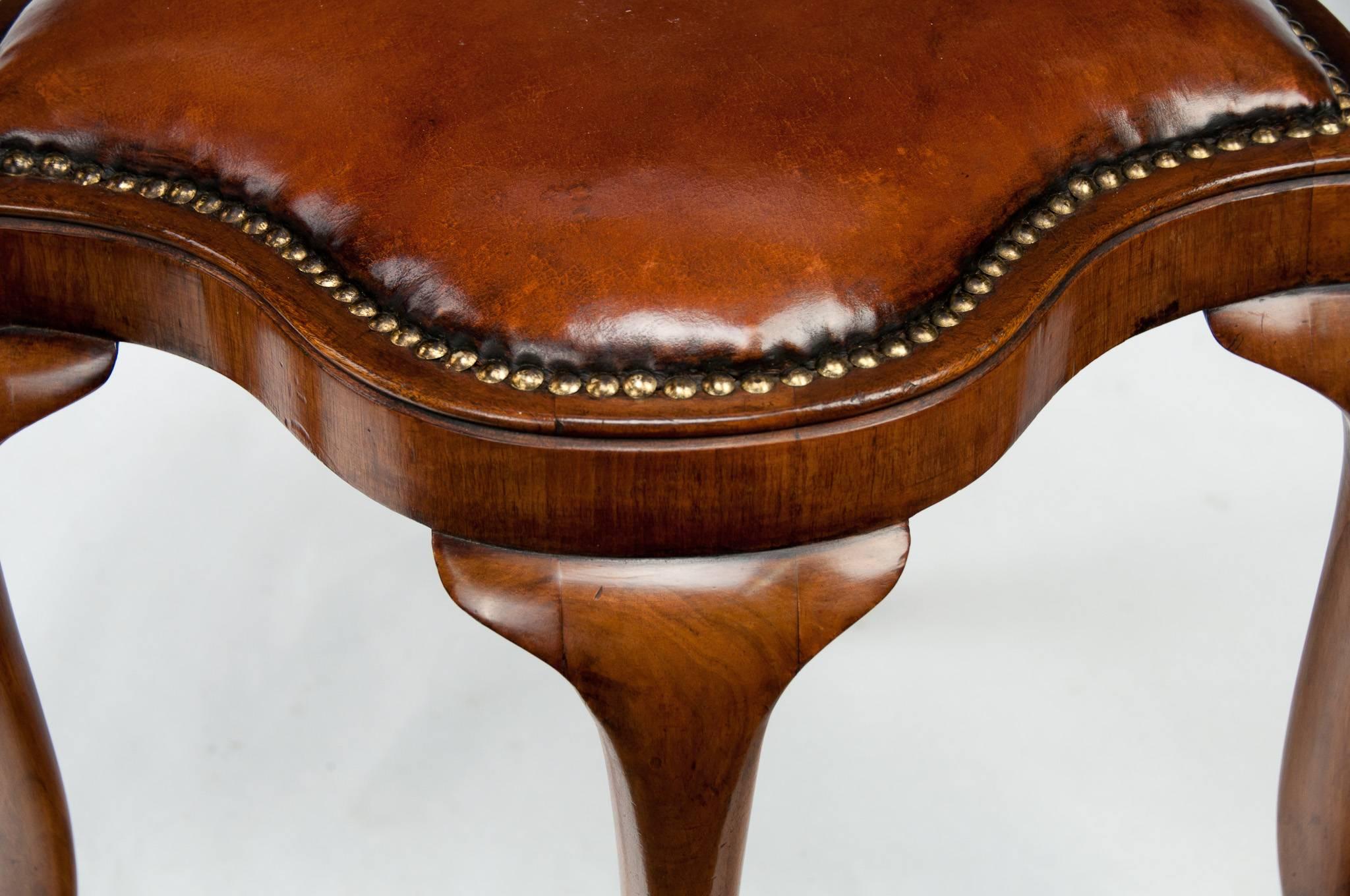 Unusual Antique Walnut Shaped Leather Dressing Stool 2