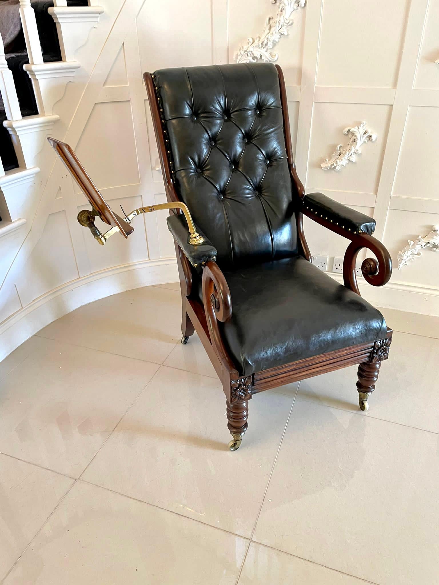 Unusual Antique William IV Quality Mahogany and Leather Reclining Library Chair 4