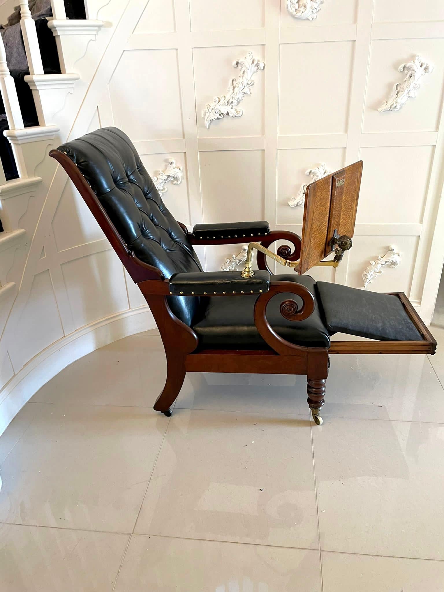 Unusual Antique William IV Quality Mahogany and Leather Reclining Library Chair In Good Condition In Suffolk, GB