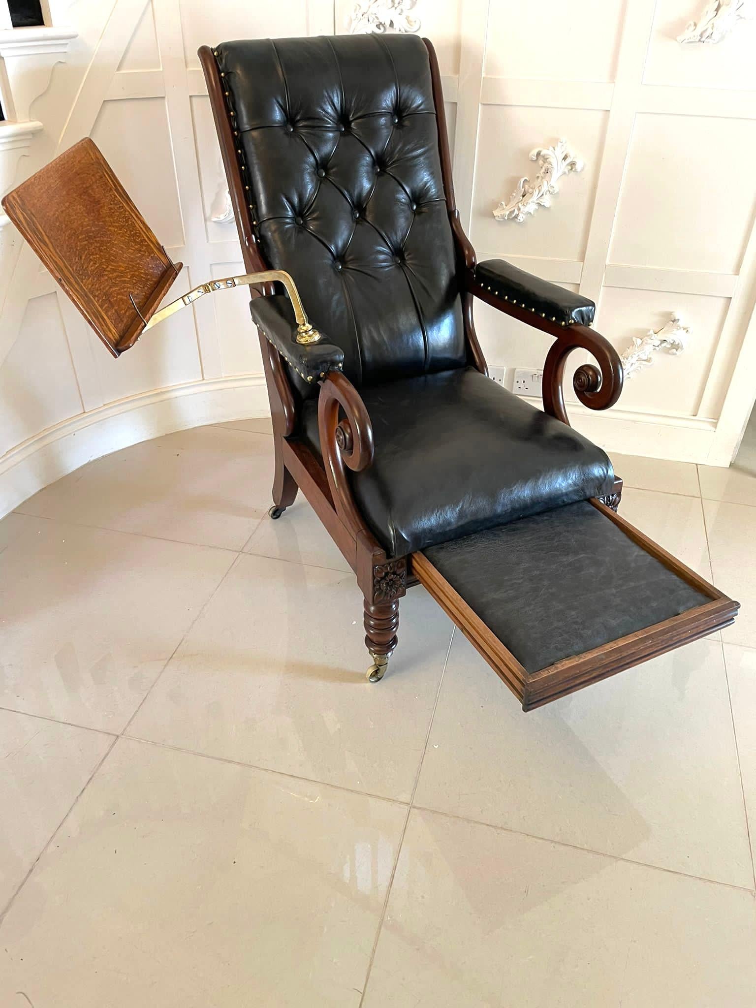 Mid-19th Century Unusual Antique William IV Quality Mahogany and Leather Reclining Library Chair