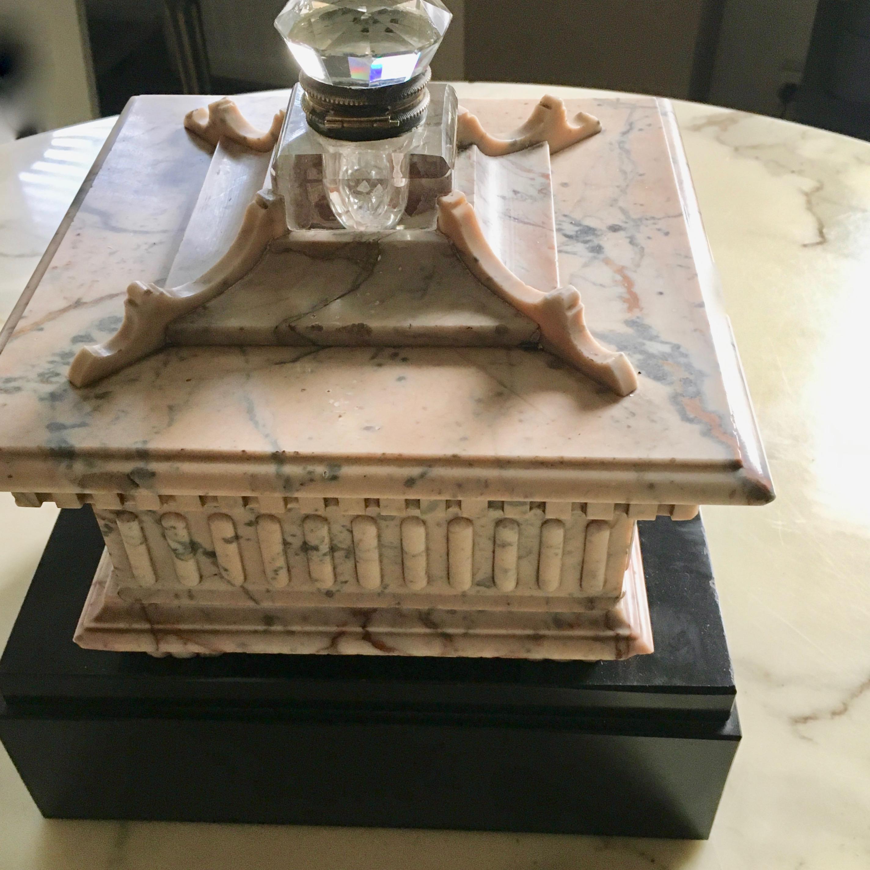 Unusual Architected Marble Bronze and Crystal Inkwell, Italy, 1890 For Sale 4