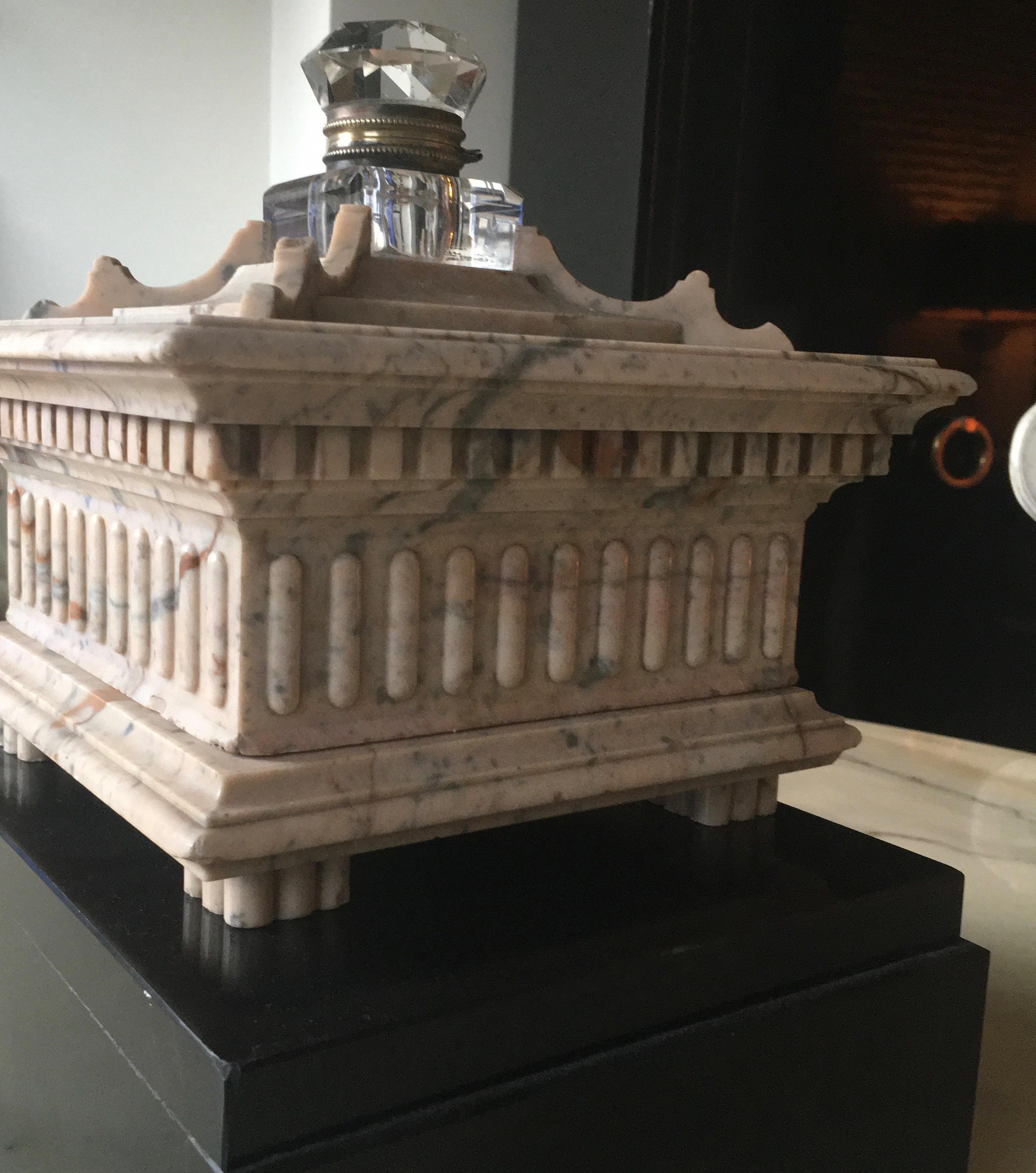 Napoleon III Unusual Architected Marble Bronze and Crystal Inkwell, Italy, 1890 For Sale