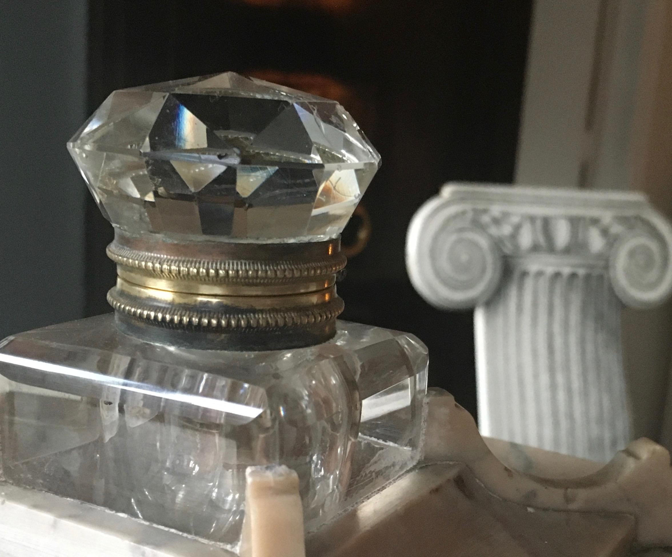 Italian Unusual Architected Marble Bronze and Crystal Inkwell, Italy, 1890 For Sale