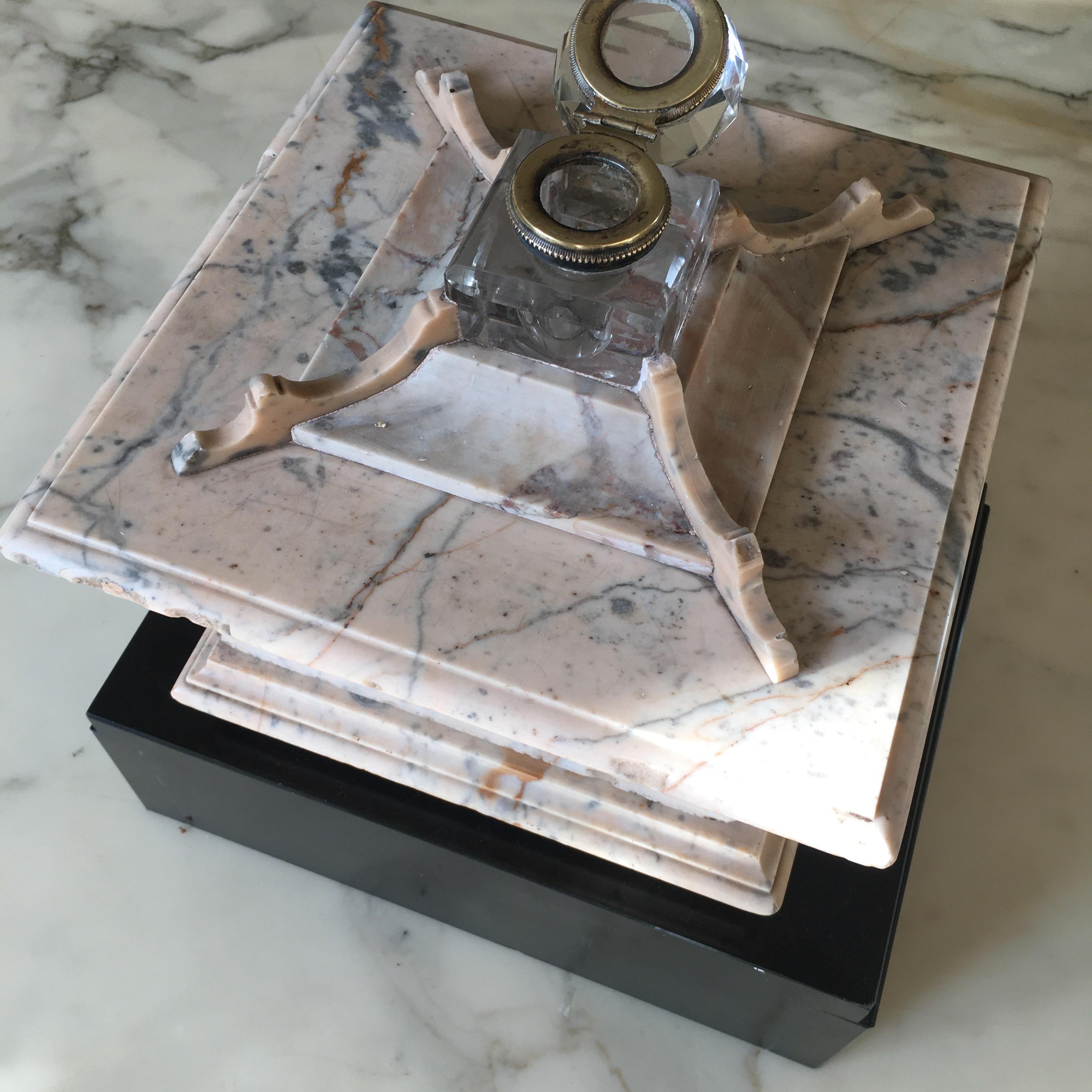 19th Century Unusual Architected Marble Bronze and Crystal Inkwell, Italy, 1890 For Sale