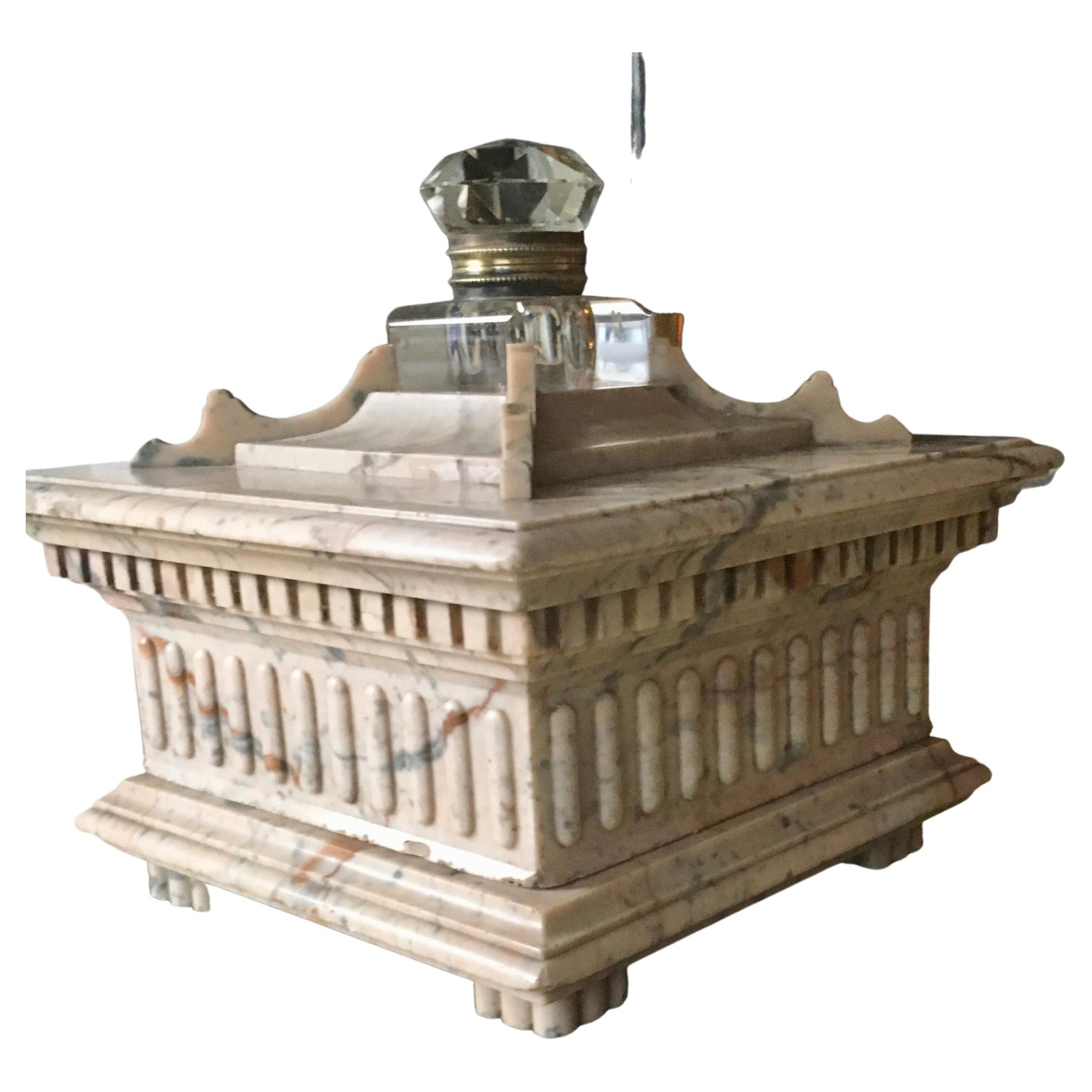 Unusual Architected Marble Bronze and Crystal Inkwell, Italy, 1890