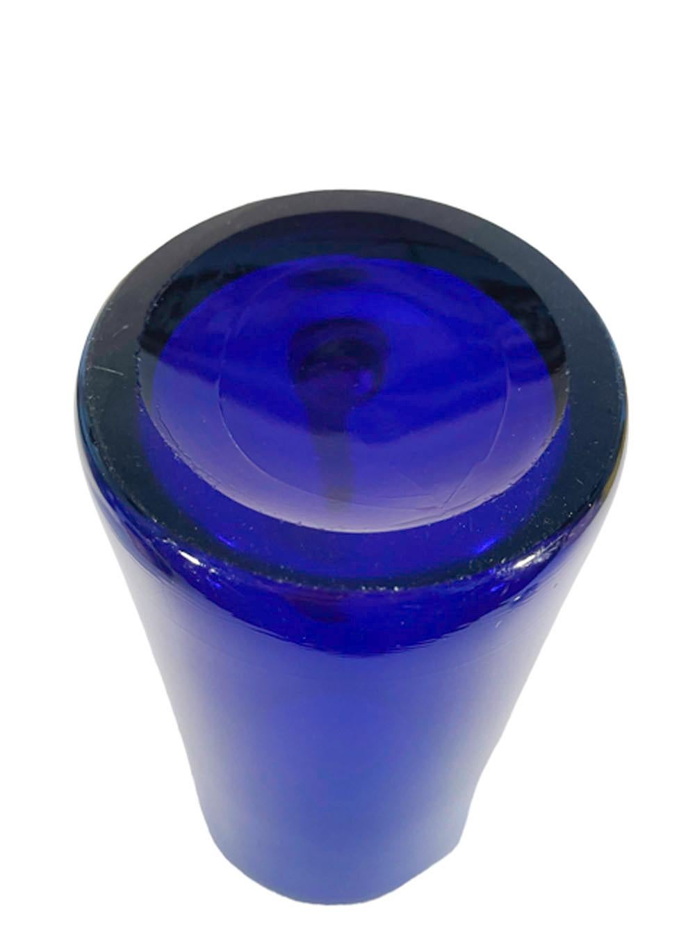 20th Century Unusual Art Deco Cobalt Blue Glass Cocktail Shaker with Applied Glass Handle For Sale