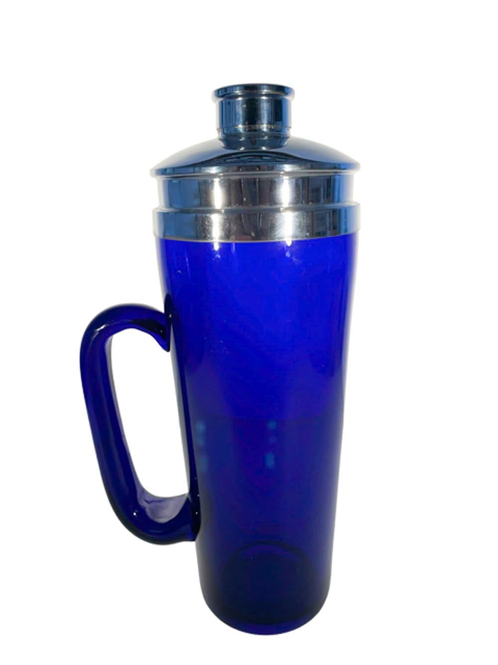 Unusual Art Deco Cobalt Blue Glass Cocktail Shaker with Applied Glass Handle For Sale 3