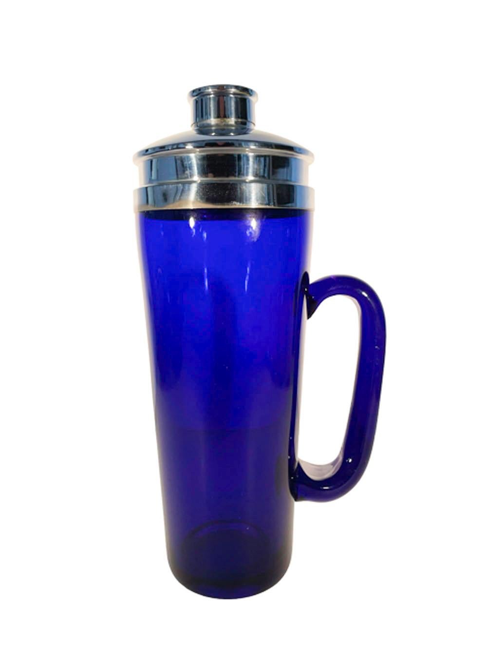 Unusual Art Deco Cobalt Blue Glass Cocktail Shaker with Applied Glass Handle For Sale 4