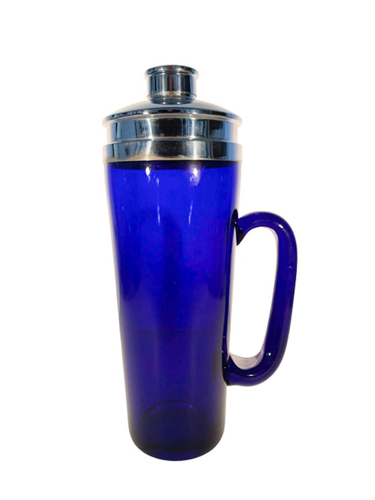 Unusual Art Deco Cobalt Blue Glass Cocktail Shaker with Applied Glass Handle For Sale at 1stDibs