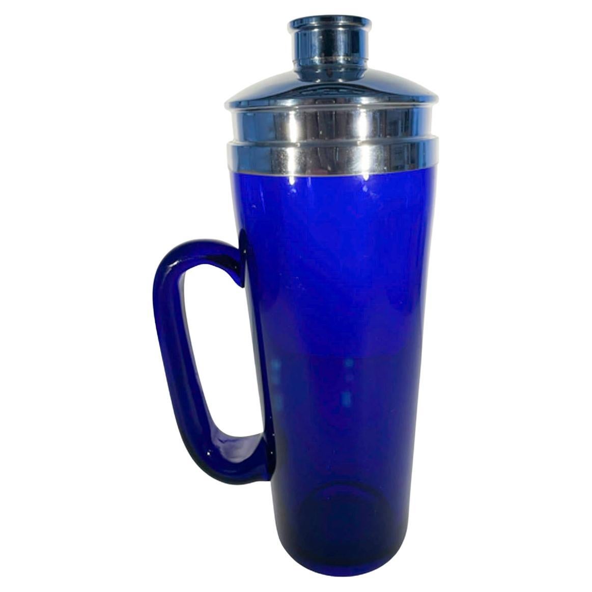 Unusual Art Deco Cobalt Blue Glass Cocktail Shaker with Applied Glass Handle For Sale