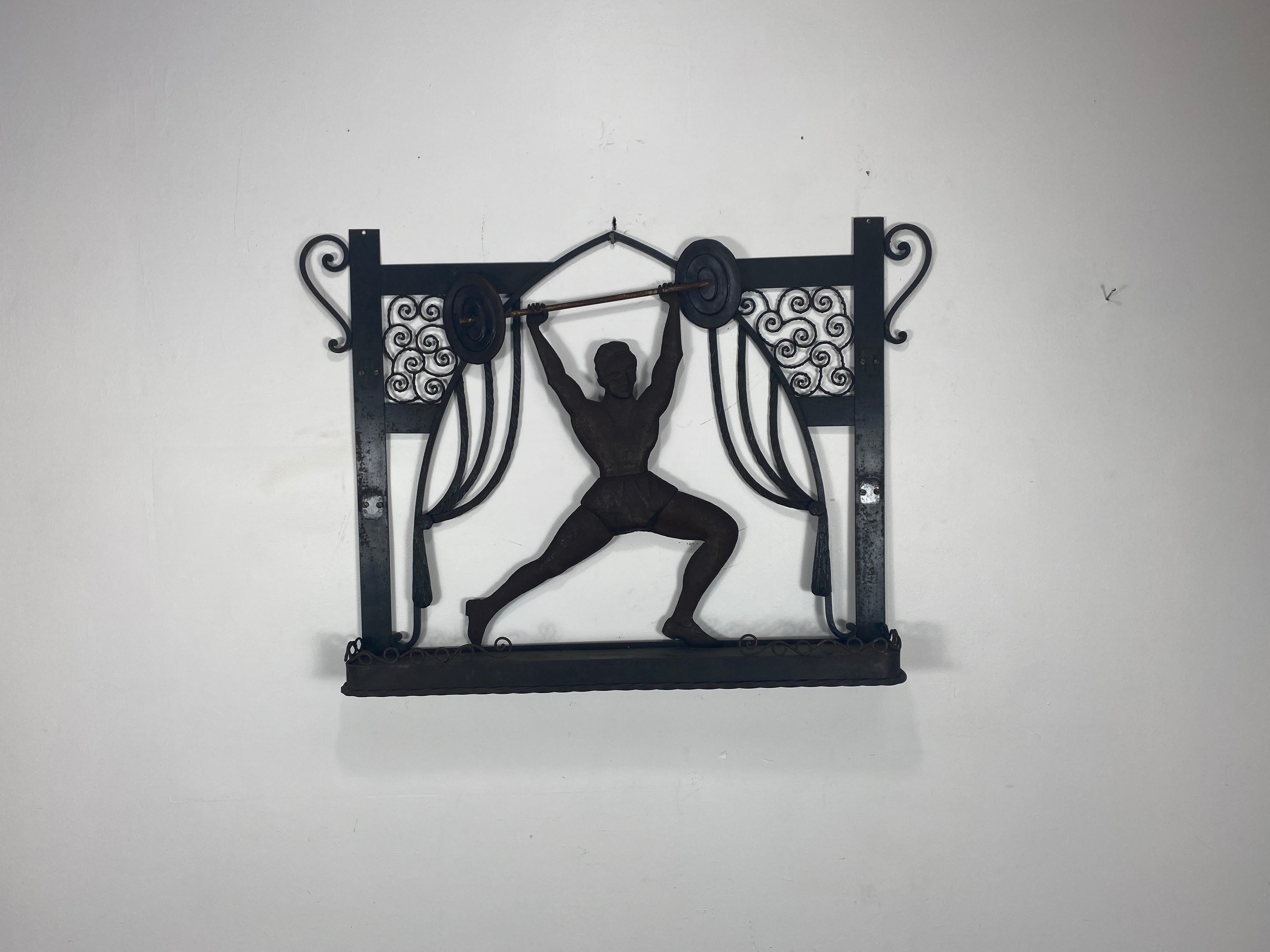 Unusual Art Deco Hand Forged Iron Silhouette Sculpture of Body Builder, Boxer In Distressed Condition For Sale In Buffalo, NY