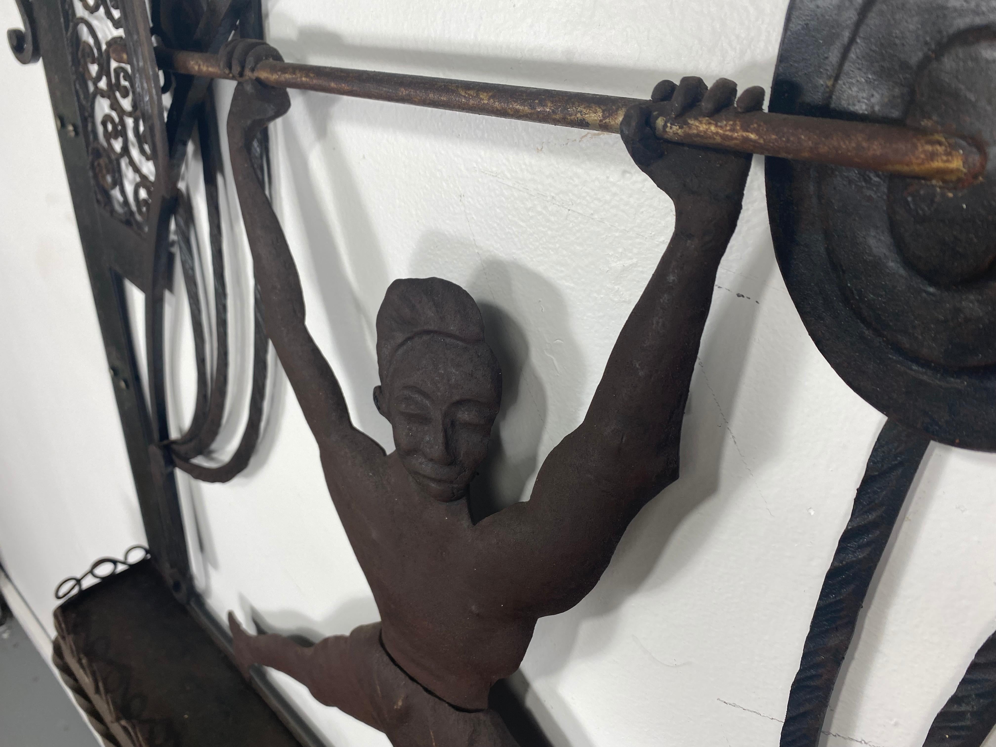 Mid-20th Century Unusual Art Deco Hand Forged Iron Silhouette Sculpture of Body Builder, Boxer For Sale