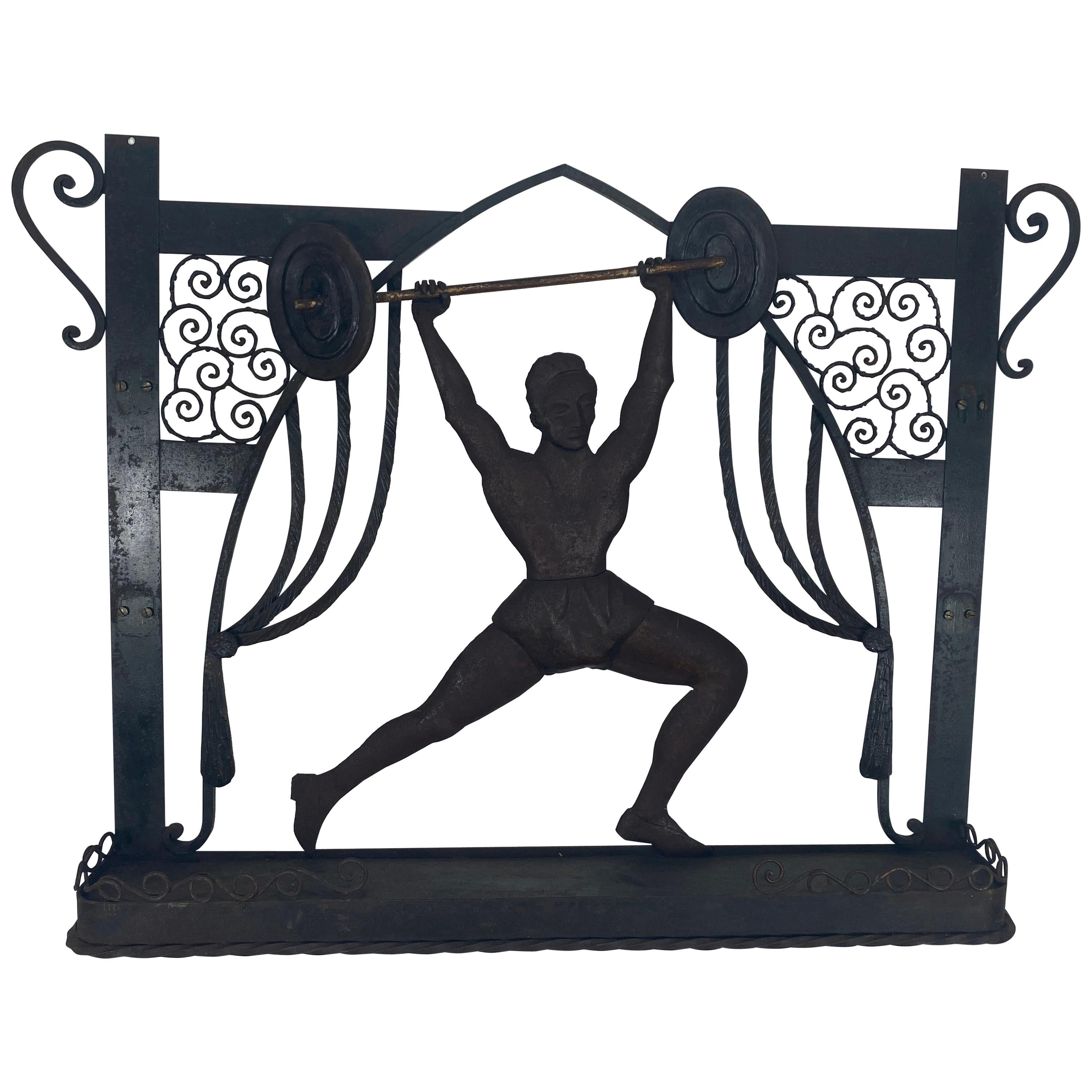 Unusual Art Deco Hand Forged Iron Silhouette Sculpture of Body Builder, Boxer For Sale