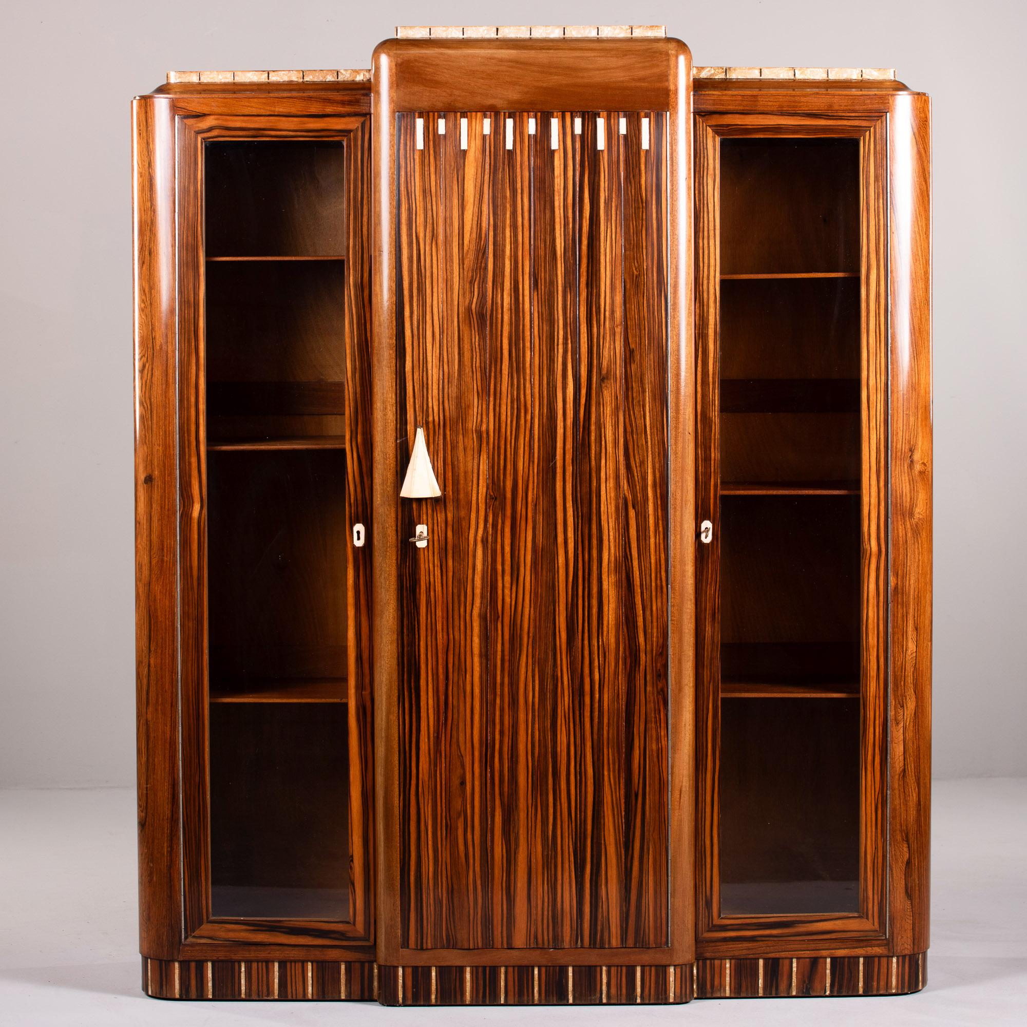 French Unusual Art Deco Macassar Cabinet with Glass Doors For Sale