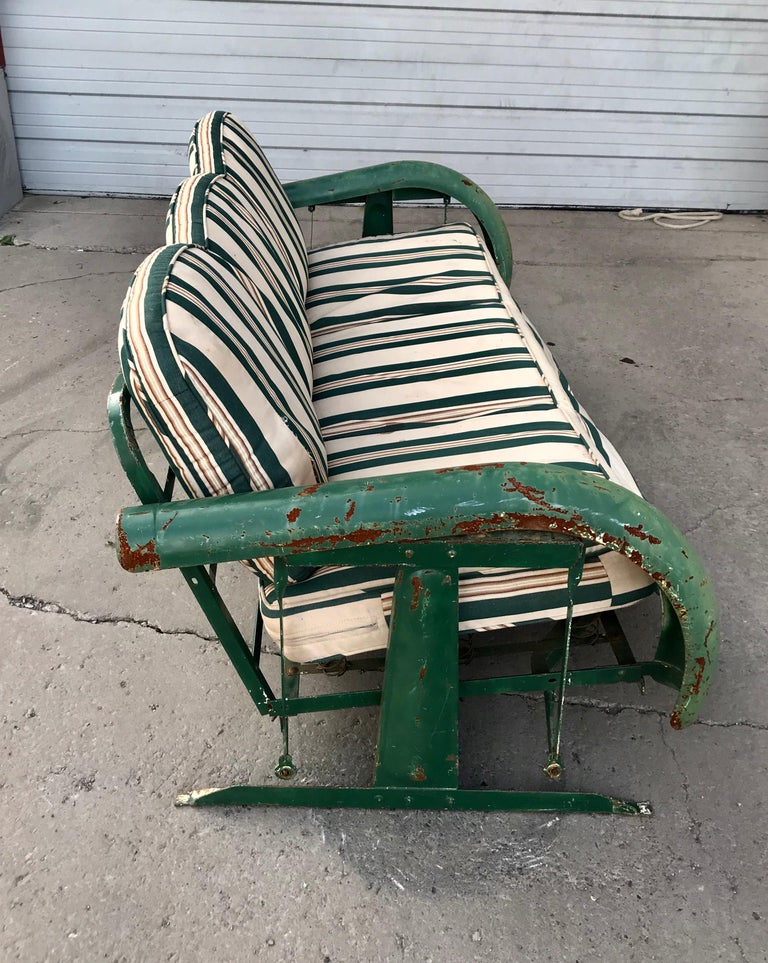 Unusual Art Deco Metal Porch Glider with Skirted Fenders, circa 1930s