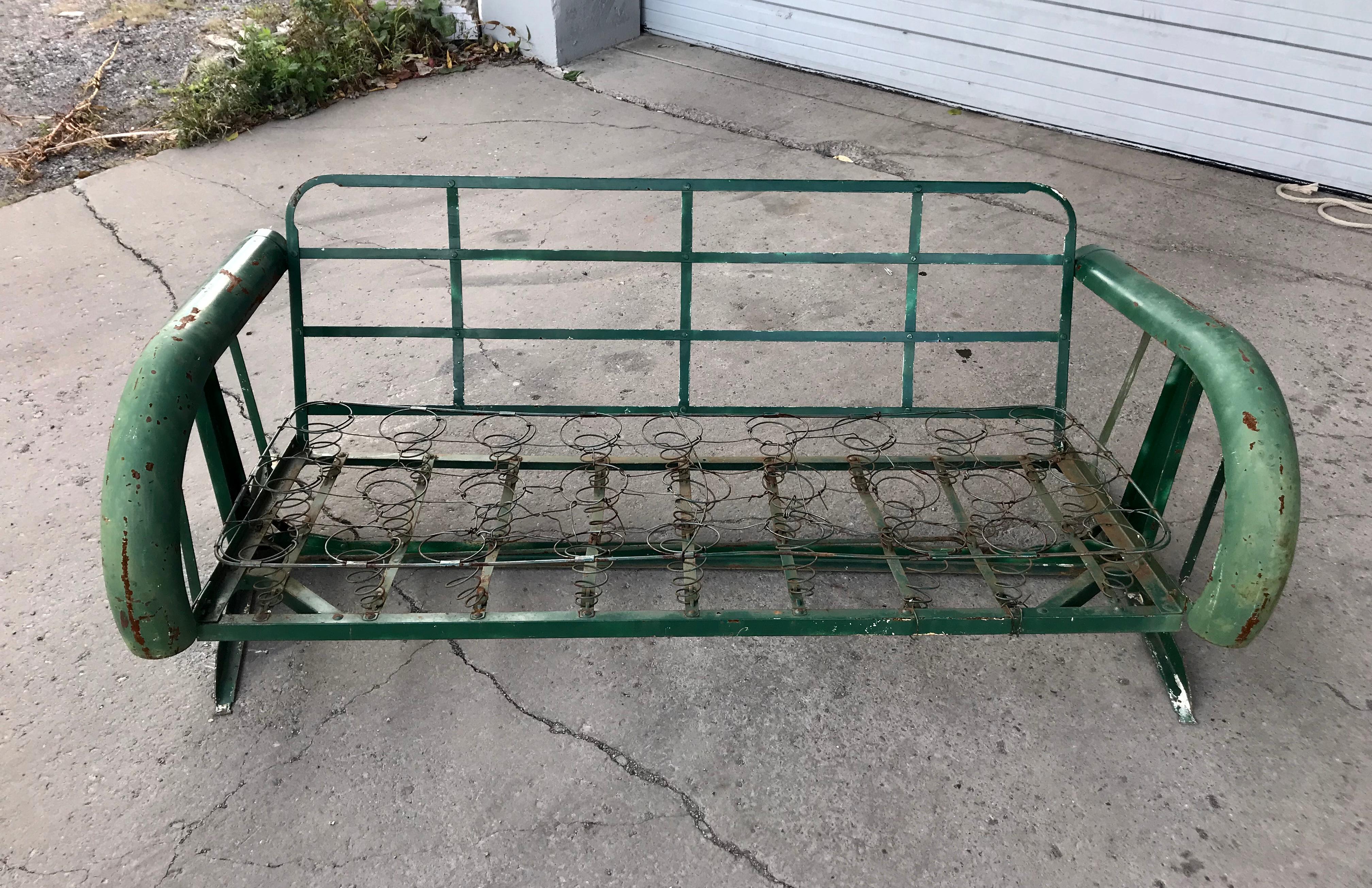 Unusual Art Deco Metal Porch Glider with Skirted Fenders, circa 1930s In Good Condition In Buffalo, NY