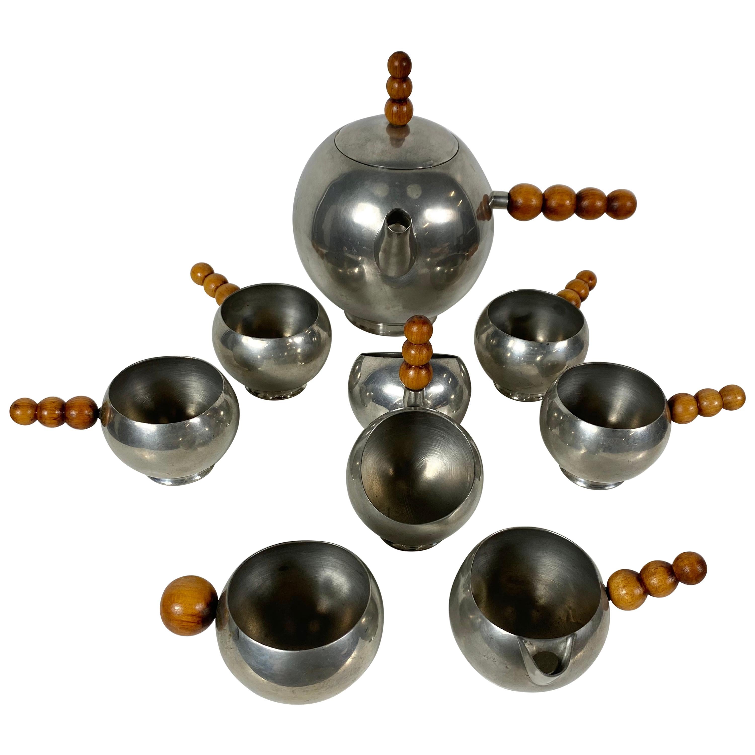 Service à thé de 8 pièces Art Déco et moderniste inhabituel, motif boule en chrome ou en bois