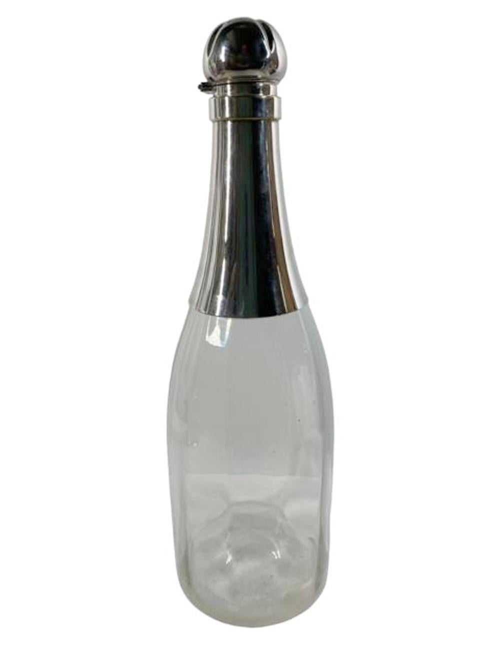 English Unusual Art Deco Optically Ribbed Glass & Silver Plate Champagne Bottle Decanter For Sale